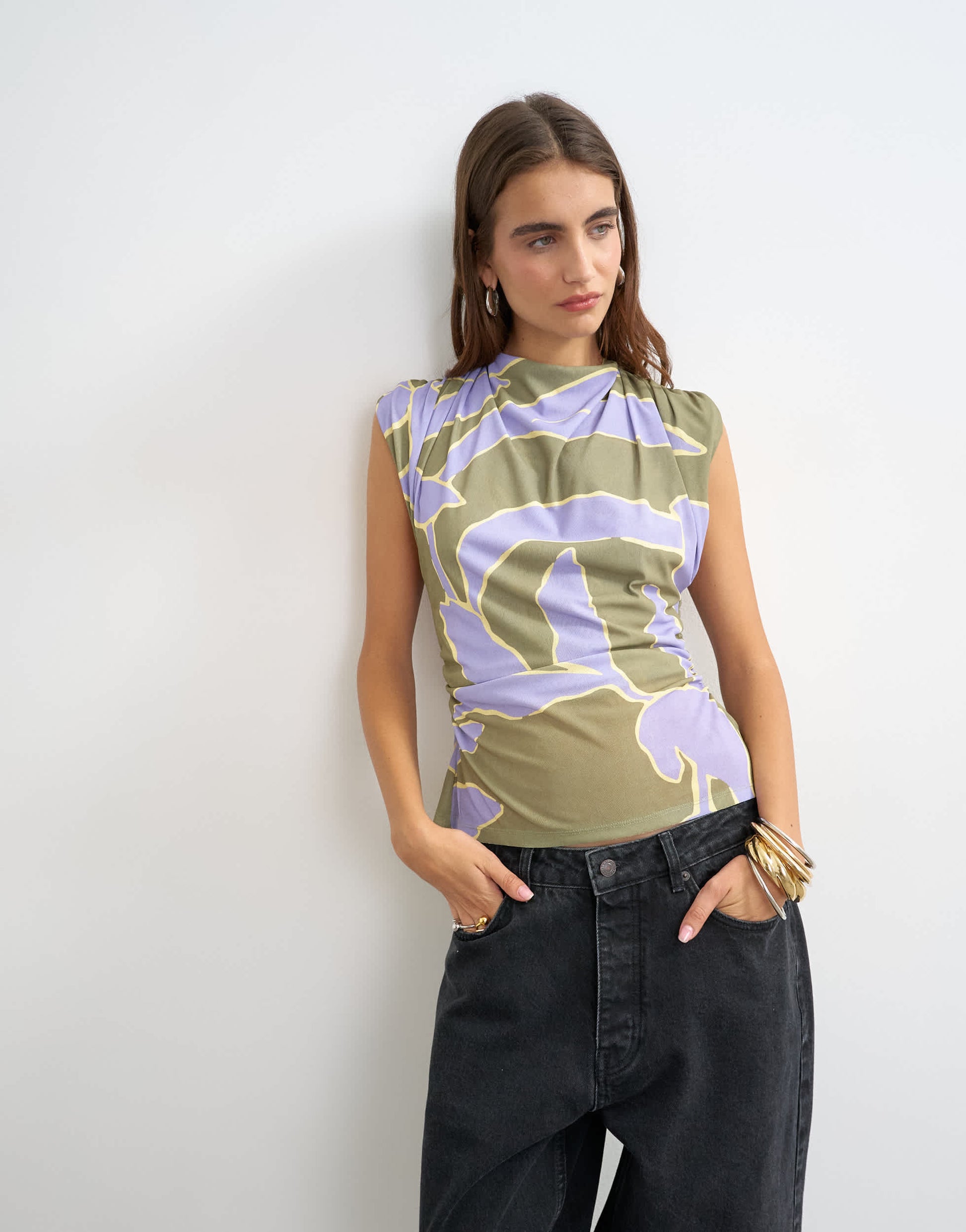 Topshop floral printed drape back top in purple