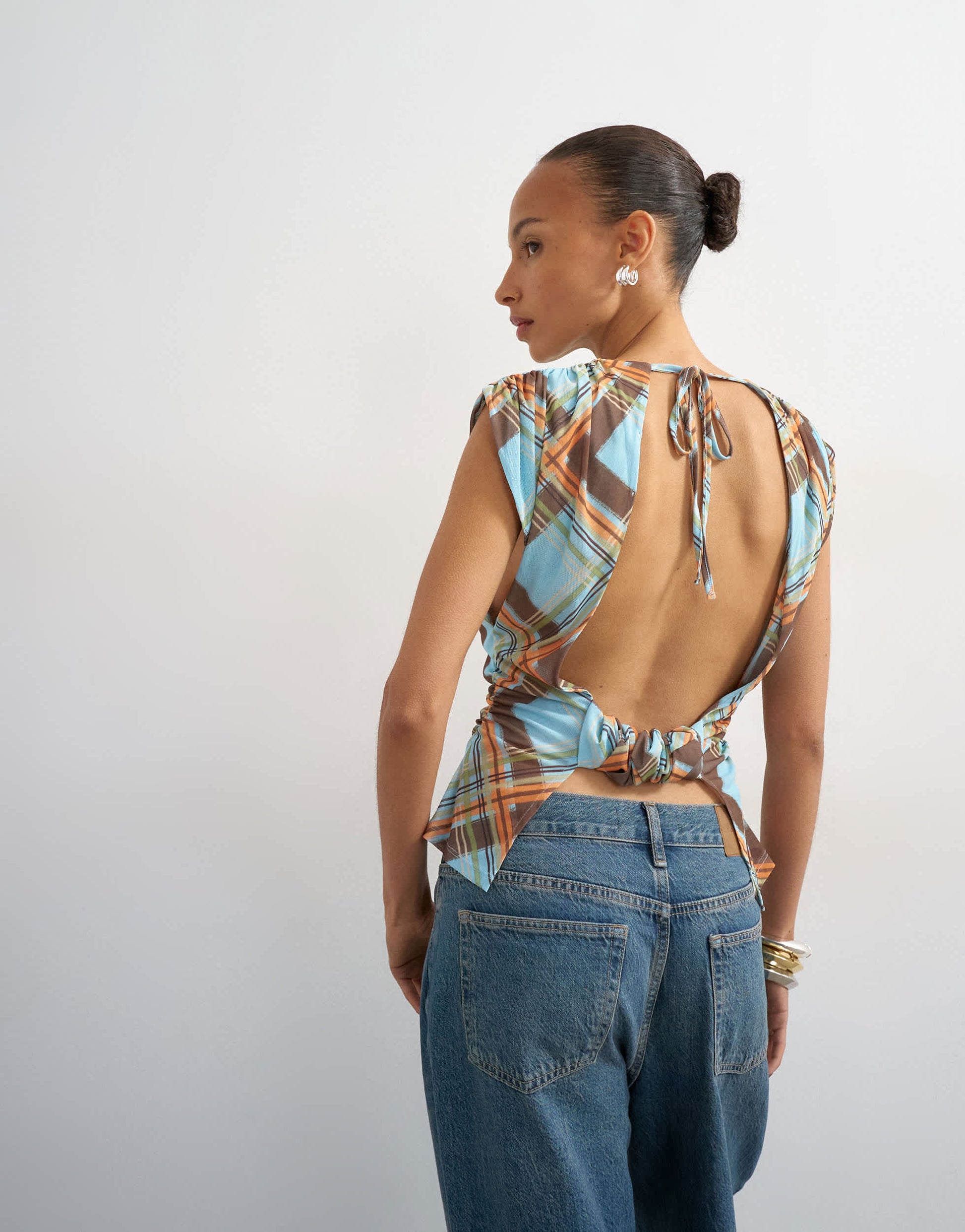 Topshop check printed drape back top in multi
