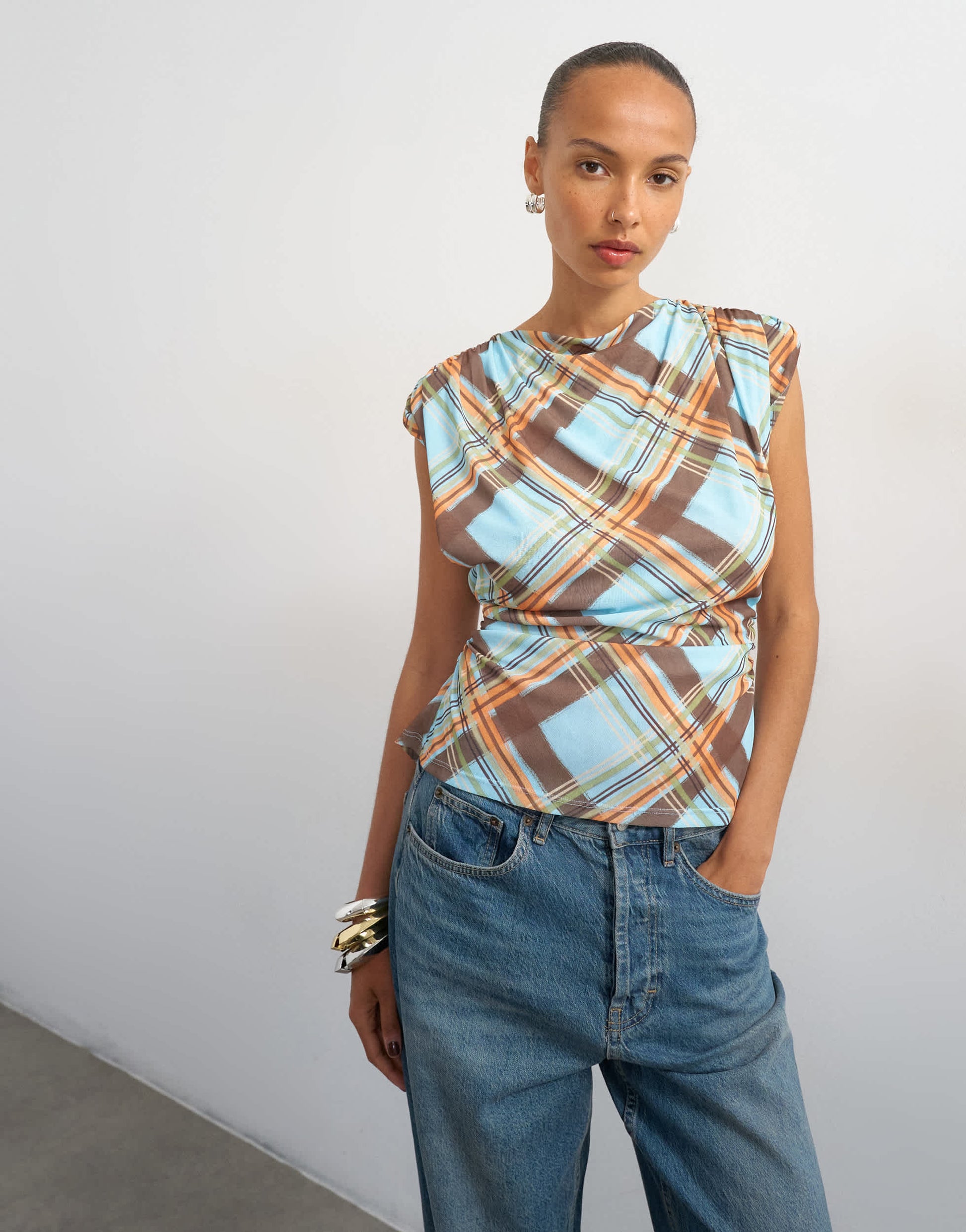 Topshop check printed drape back top in multi