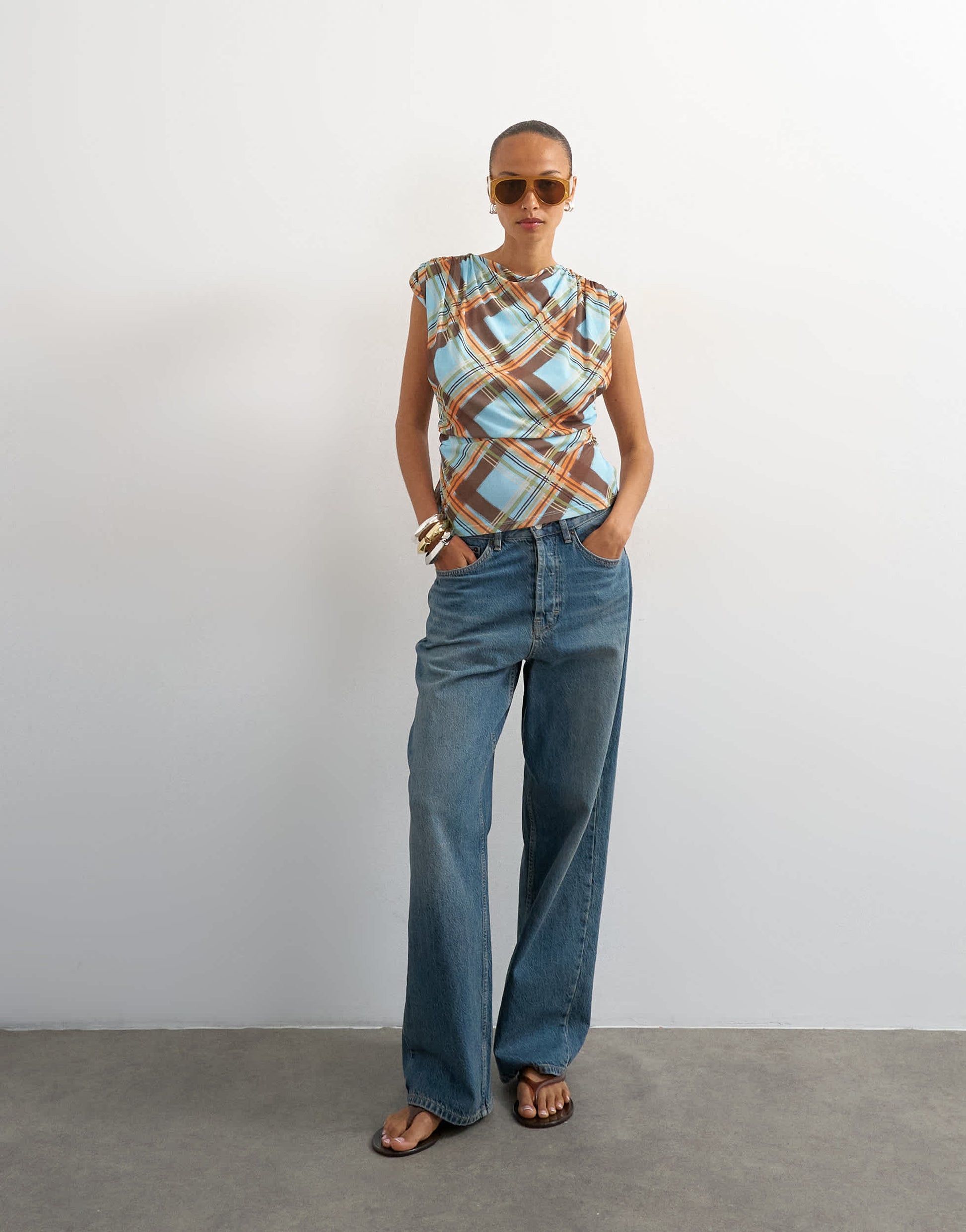 Topshop check printed drape back top in multi