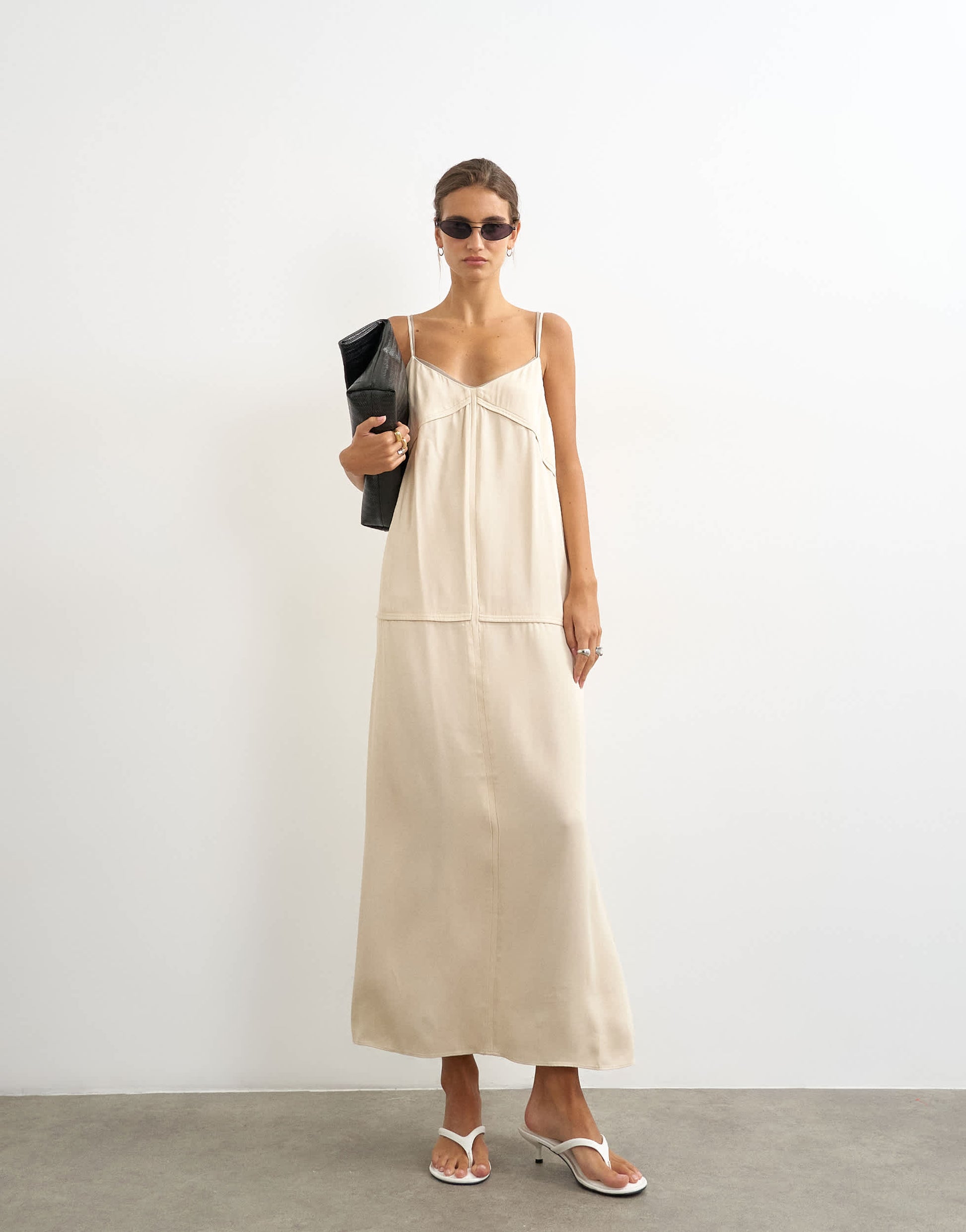 Topshop satin double layered cami maxi dress with seam details in stone