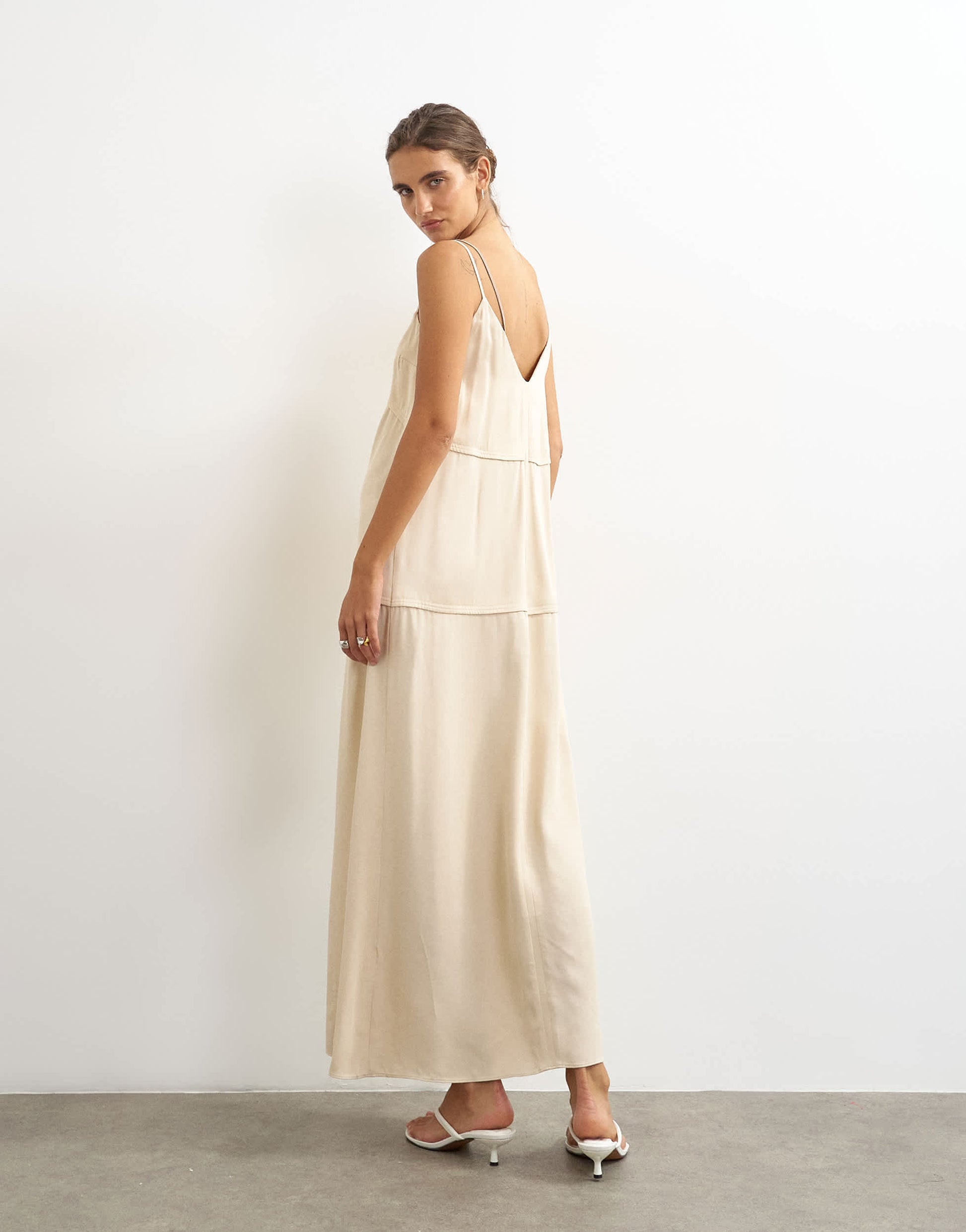 Topshop satin double layered cami maxi dress with seam details in stone