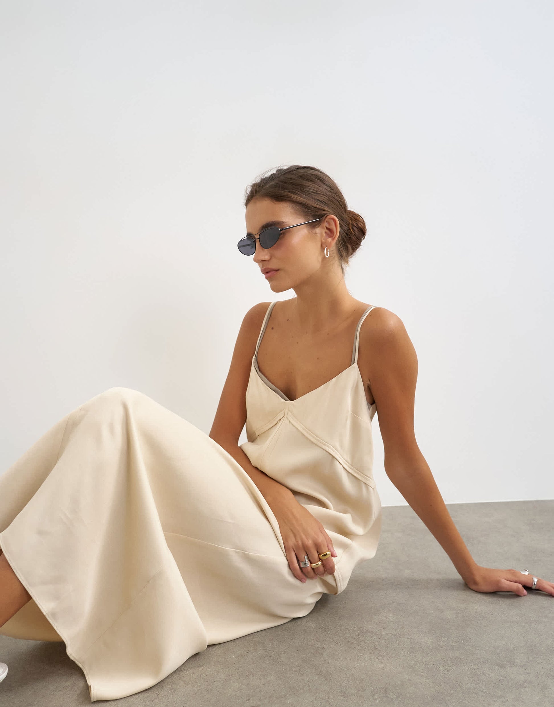 Topshop satin double layered cami maxi dress with seam details in stone