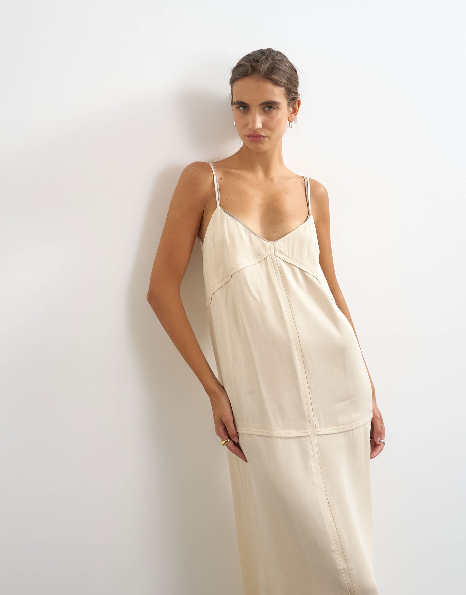 Topshop satin double layered cami maxi dress with seam details in stone