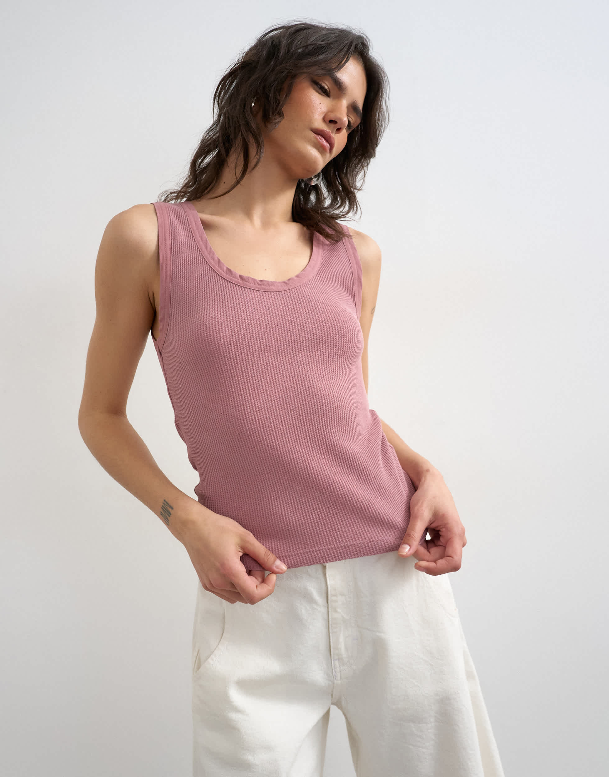 Topshop washed waffle vest with woven trim in mauve