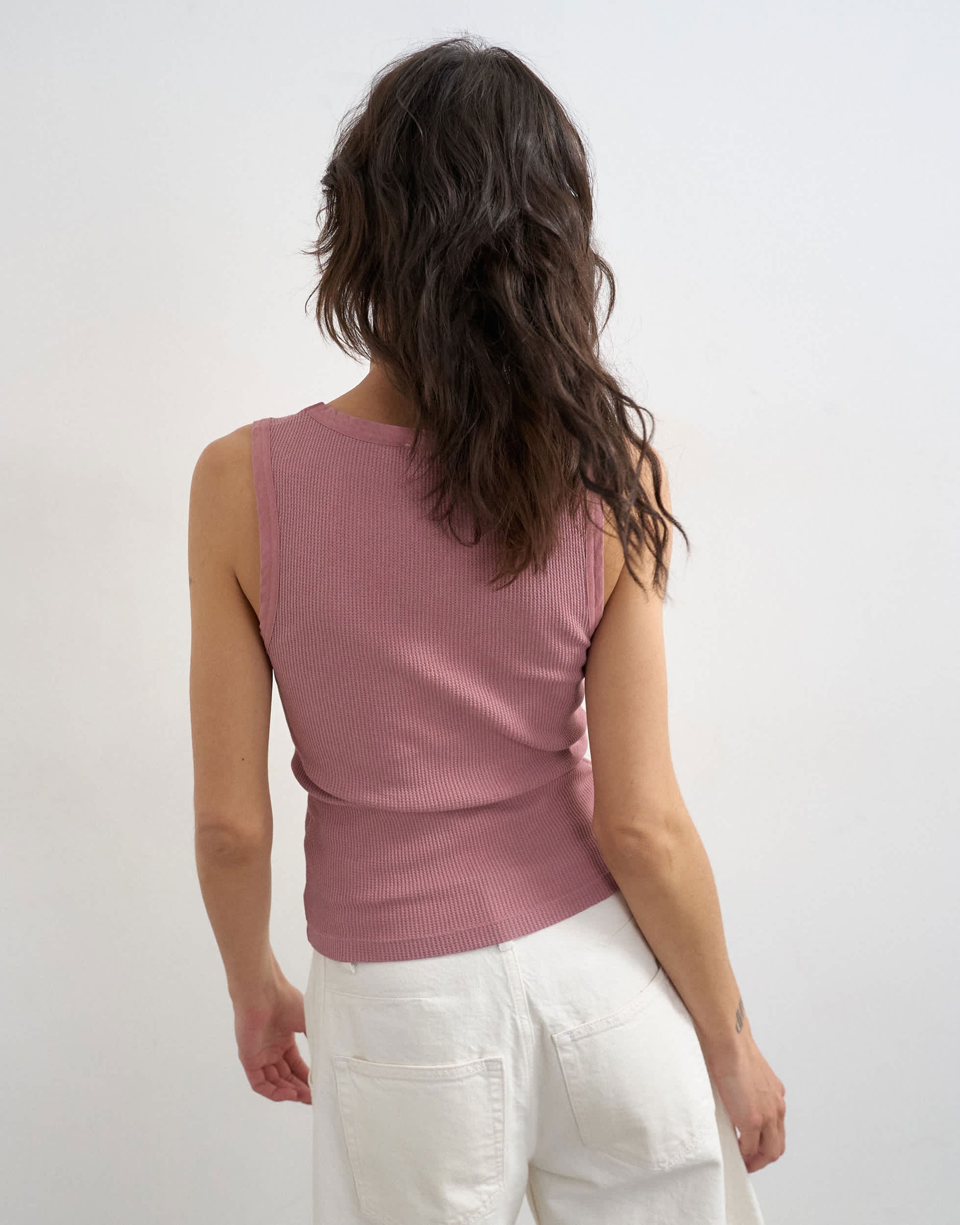 Topshop washed waffle vest with woven trim in mauve