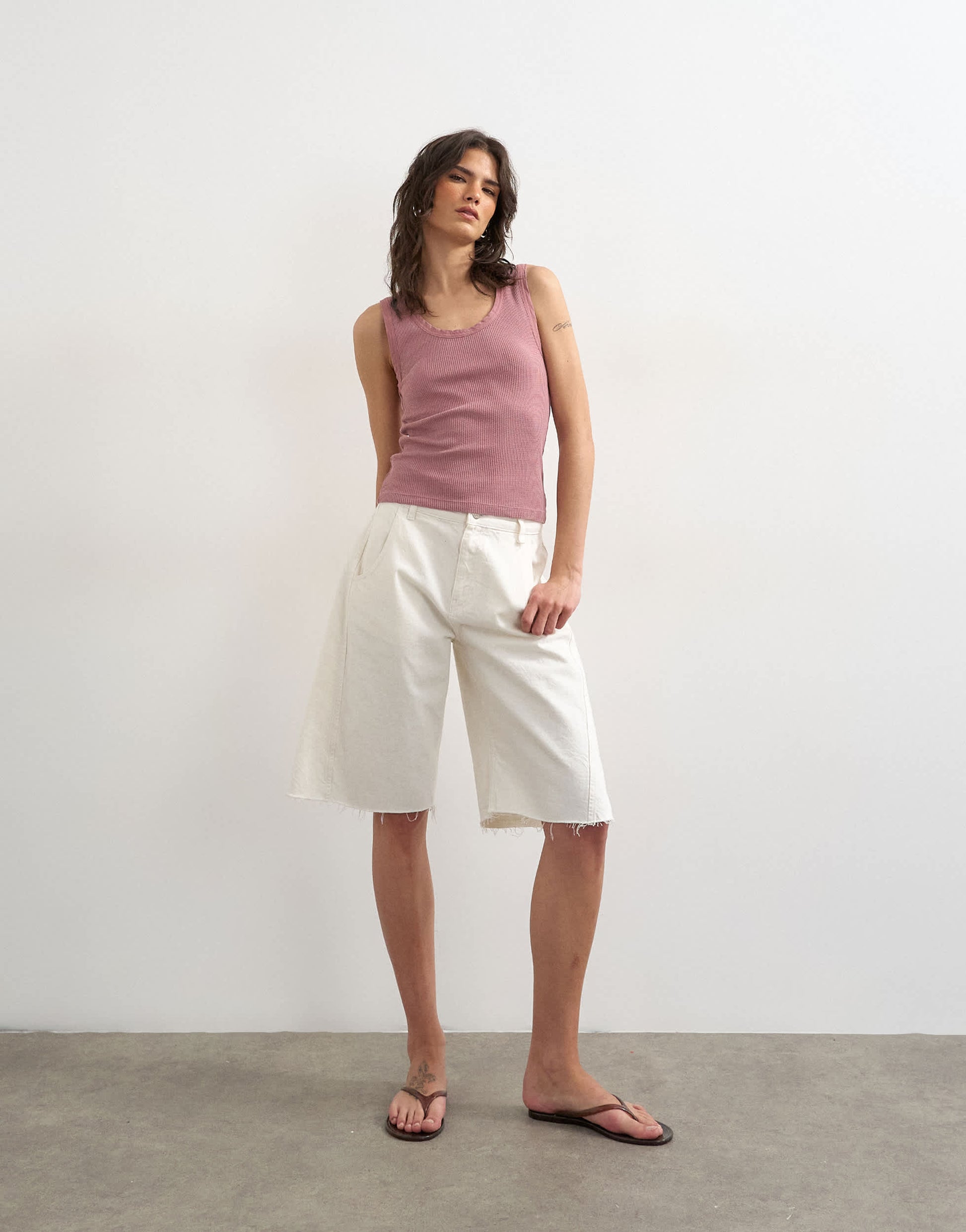 Topshop washed waffle vest with woven trim in mauve