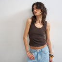 Topshop washed waffle vest with woven trim in dark chocolate