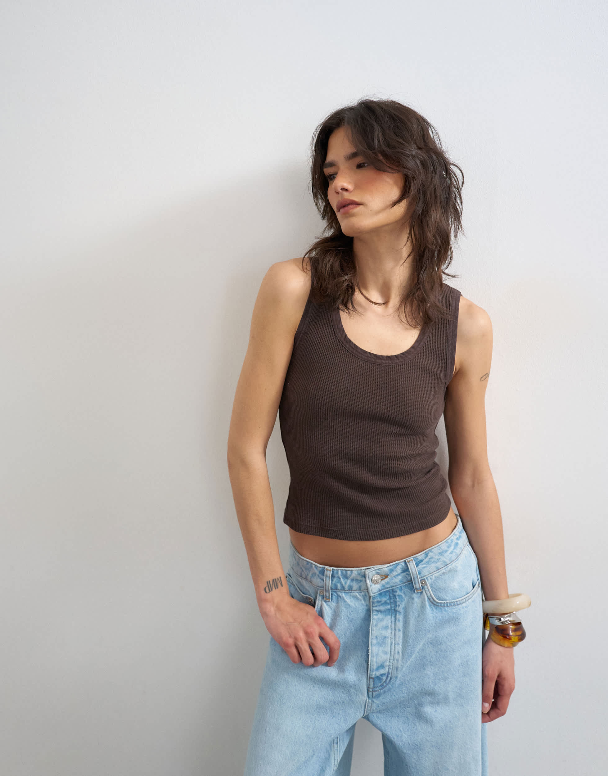 Topshop washed waffle vest with woven trim in dark chocolate