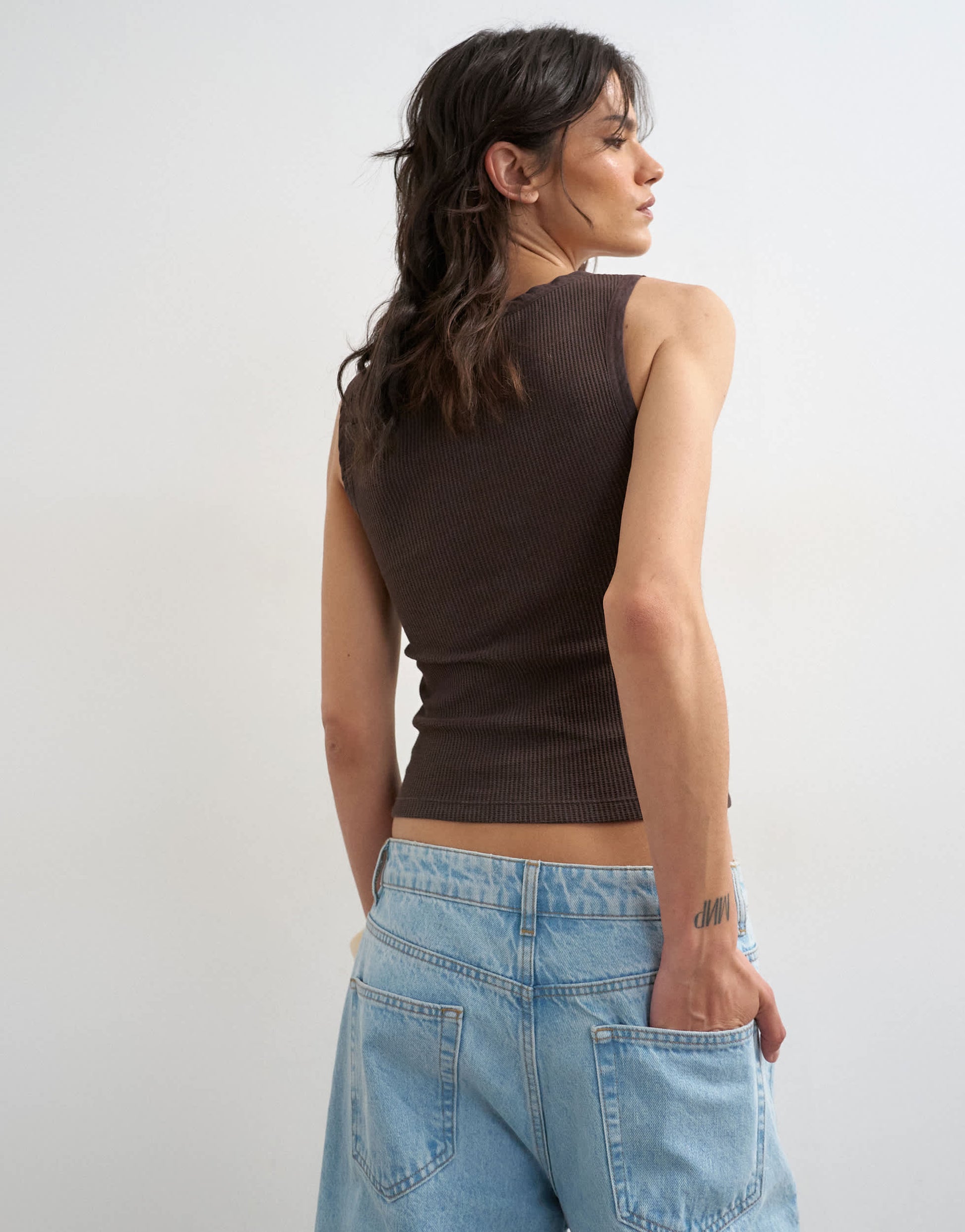 Topshop washed waffle vest with woven trim in dark chocolate