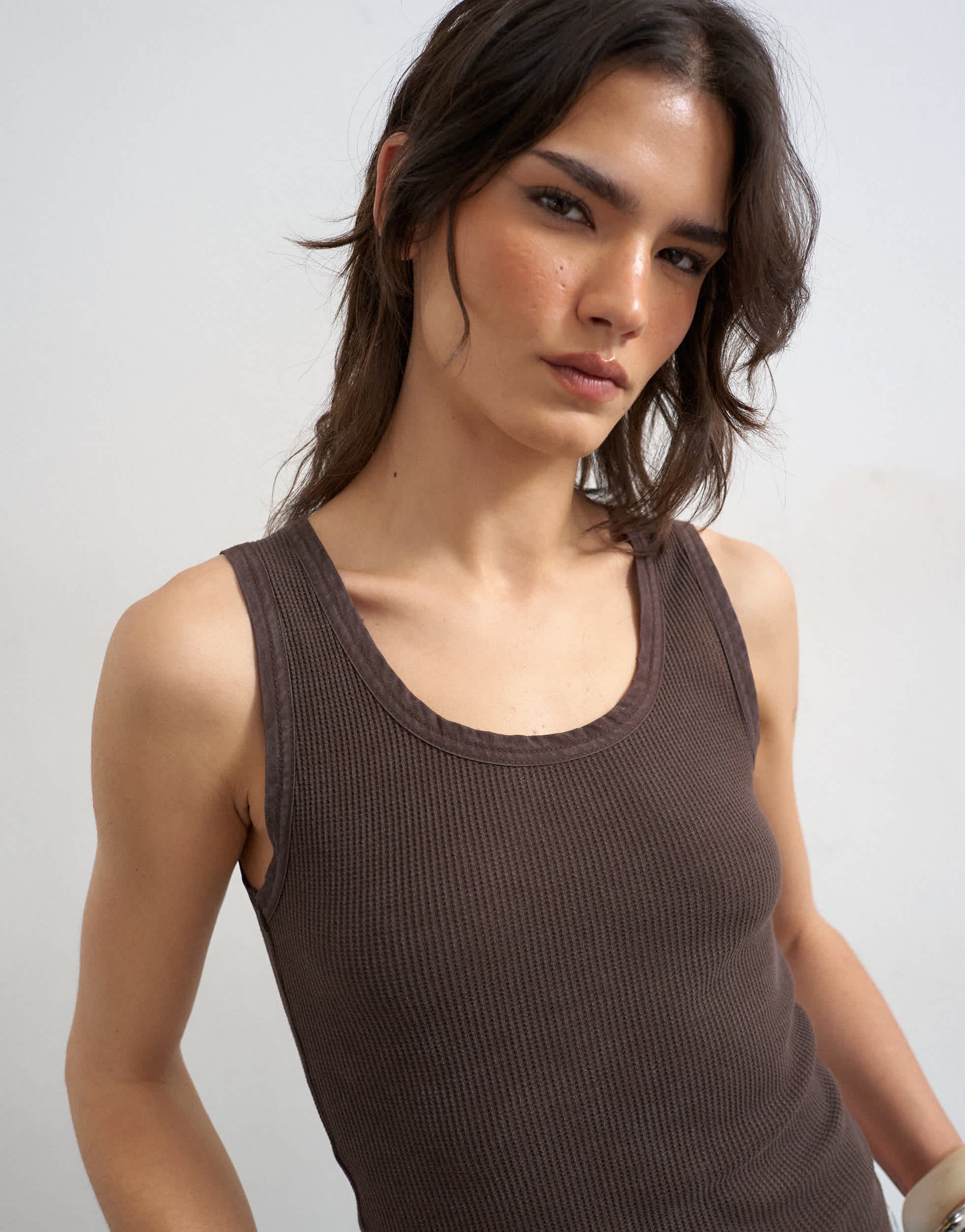Topshop washed waffle vest with woven trim in dark chocolate