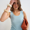 Topshop washed waffle vest with woven trim in dusty blue
