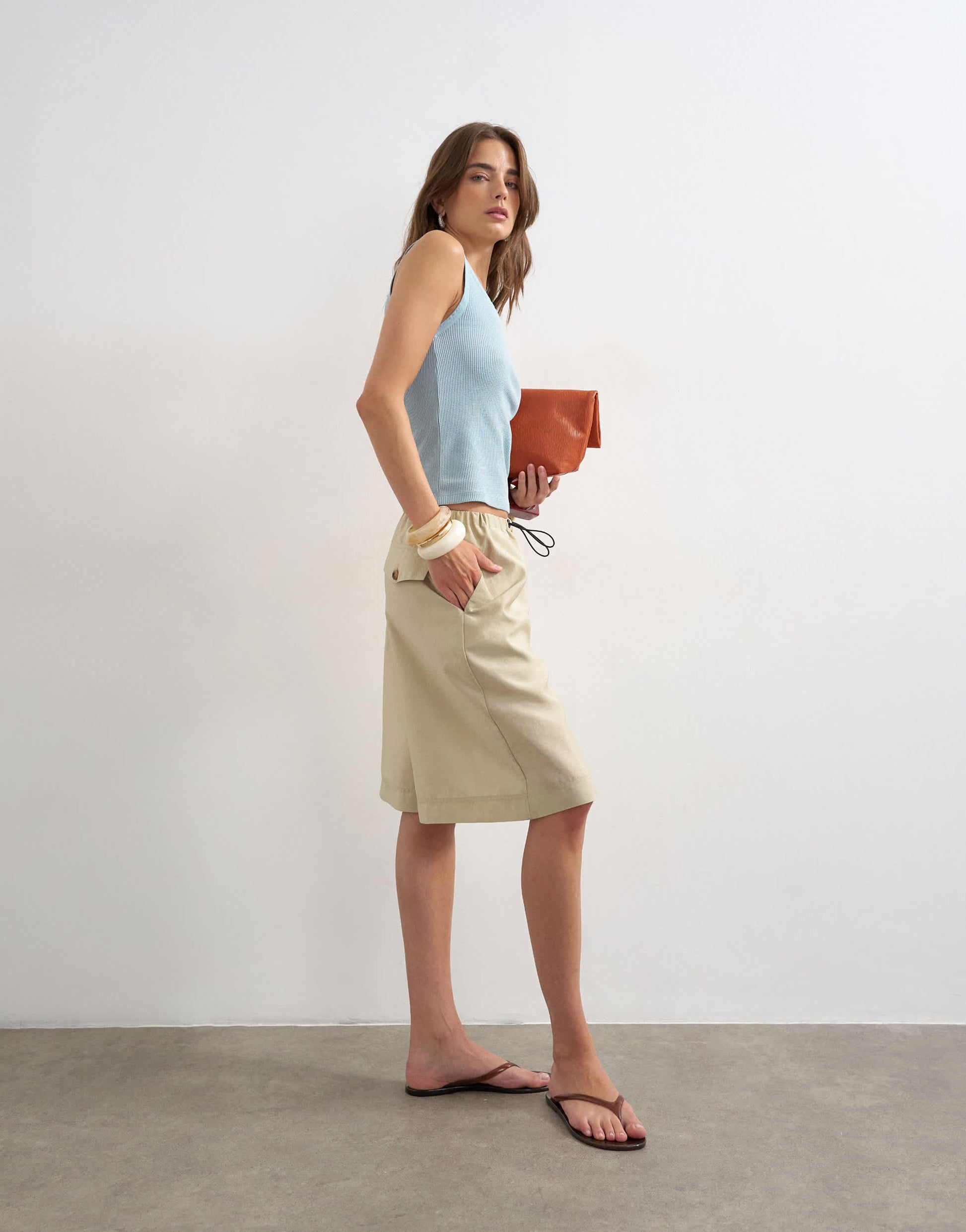Topshop washed waffle vest with woven trim in dusty blue