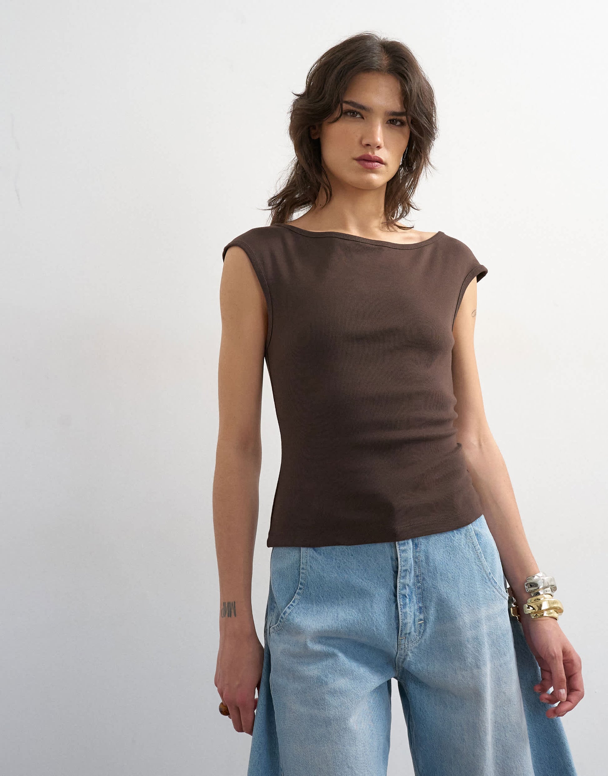 Topshop 90's boat neck vest in dark chocolate