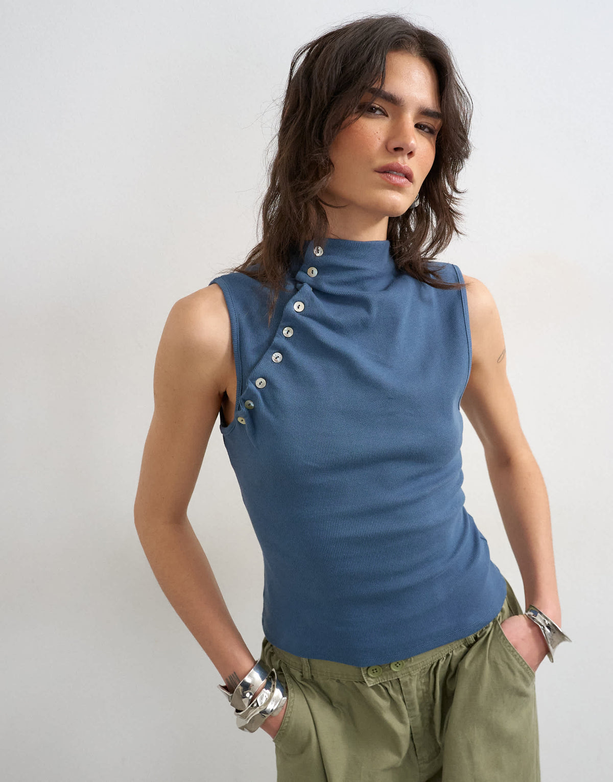 Topshop asymmetric button detail sleeveless in deep blue