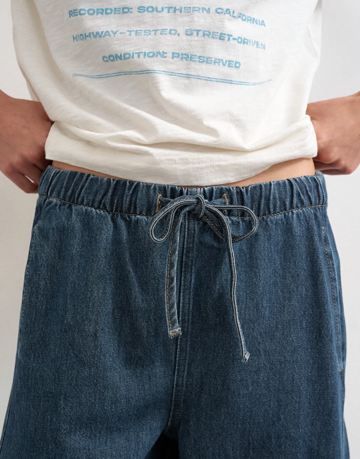 Topshop denim pull on barrel short in sulphur blue