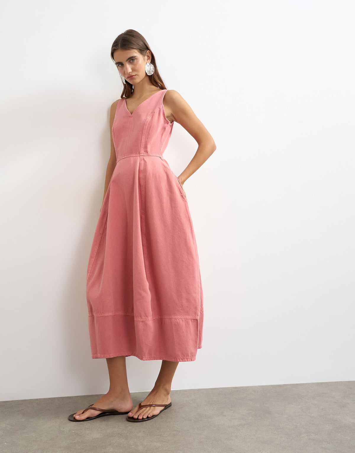 Topshop denim v neck barrel midi dress in pink