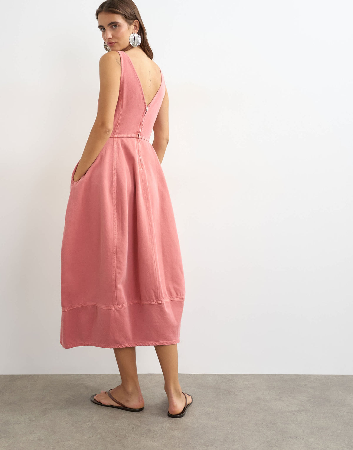 Topshop denim v neck barrel midi dress in pink