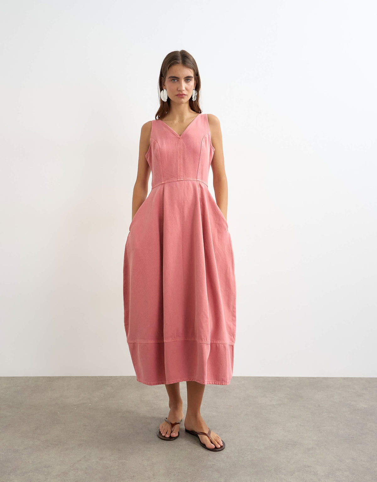 Topshop denim v neck barrel midi dress in pink