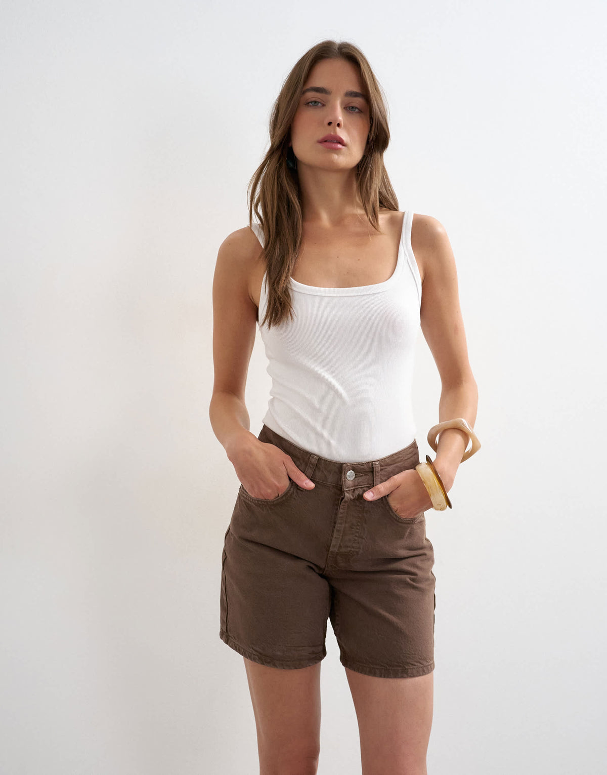 Topshop denim Editor short in brown