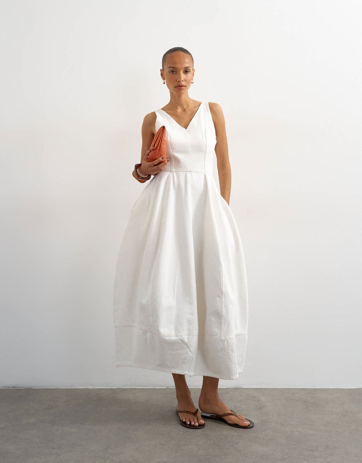 Topshop denim v neck barrel midi dress in bone