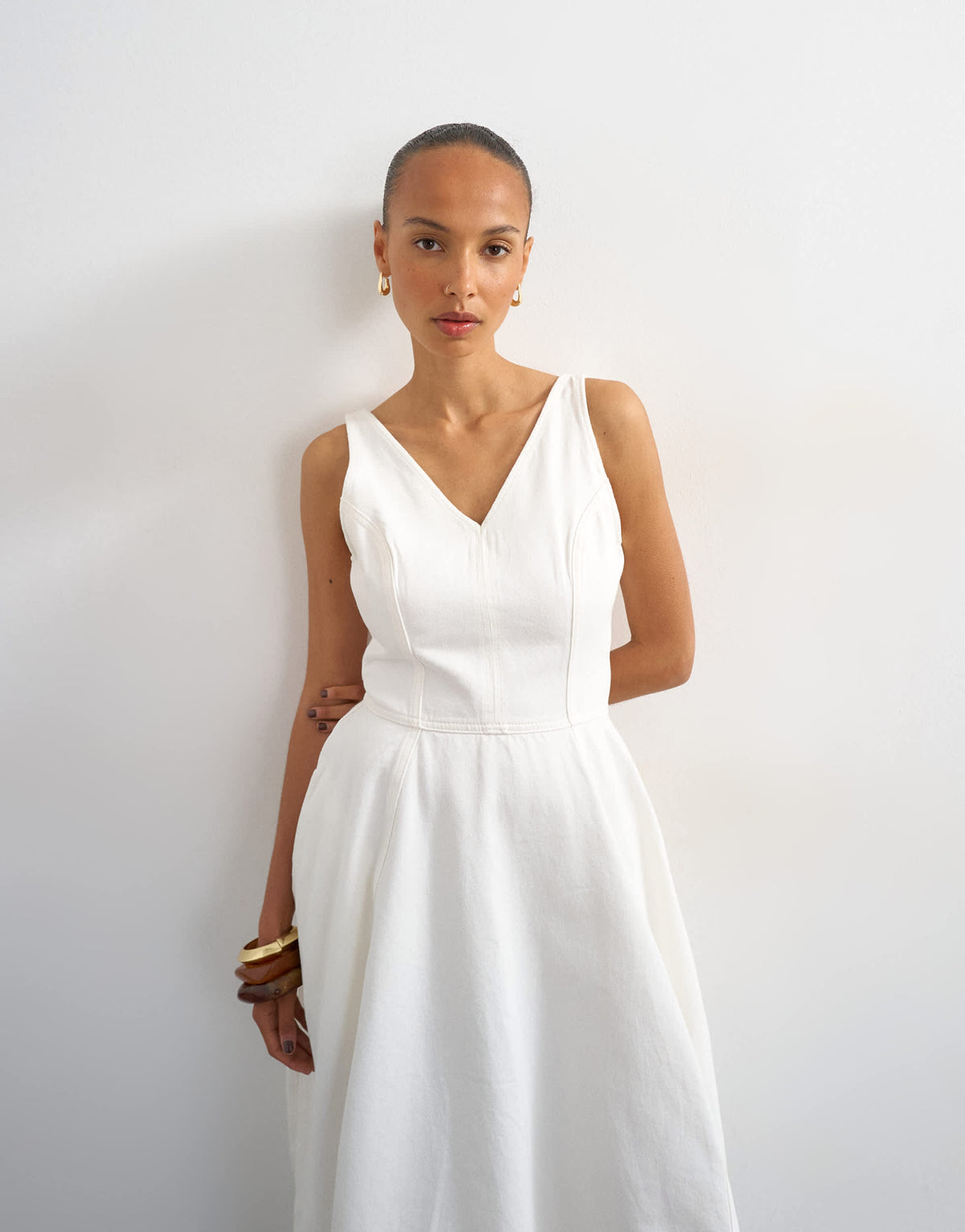 Topshop denim v neck barrel midi dress in bone