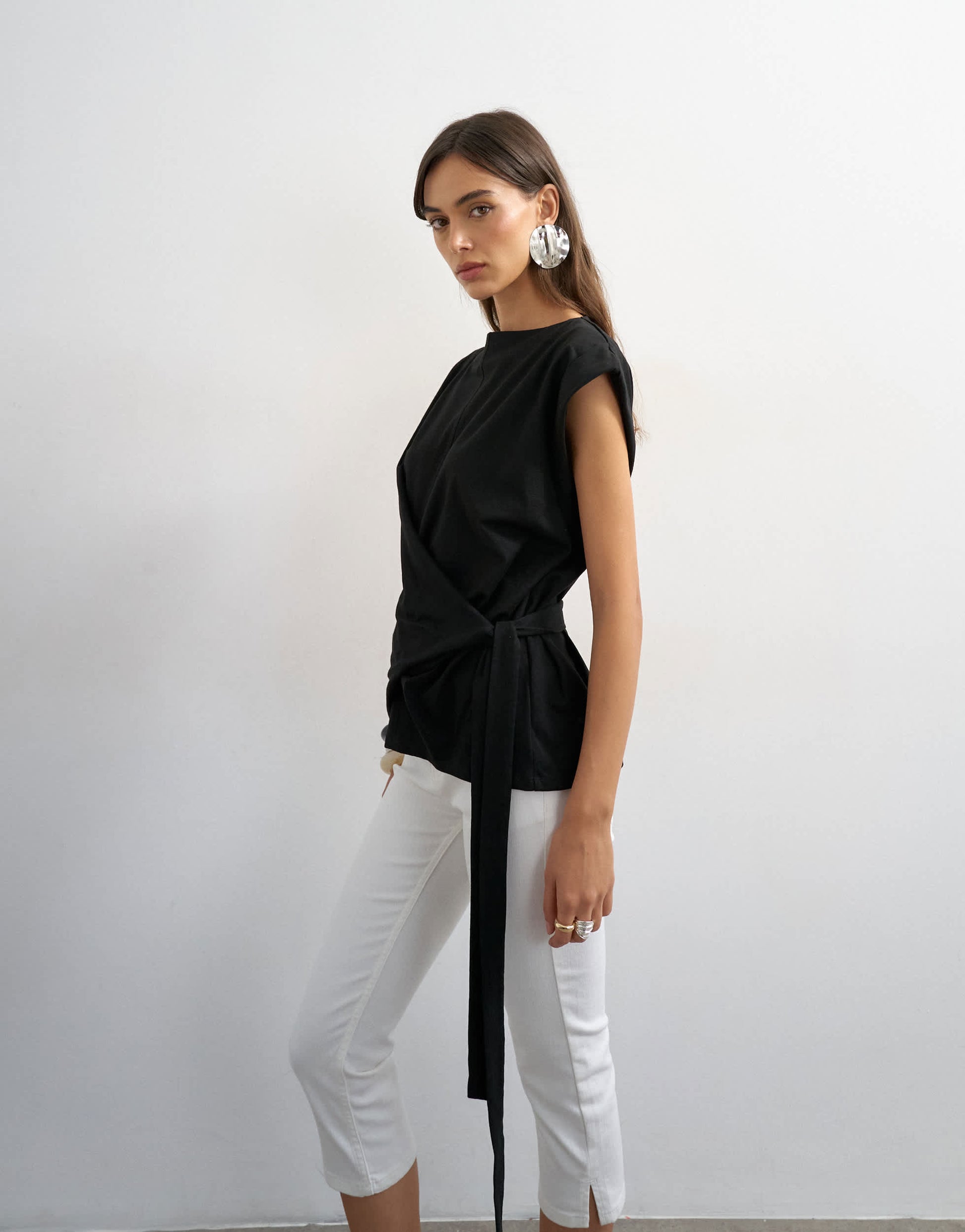 Topshop wrap detail cap sleeve top in black