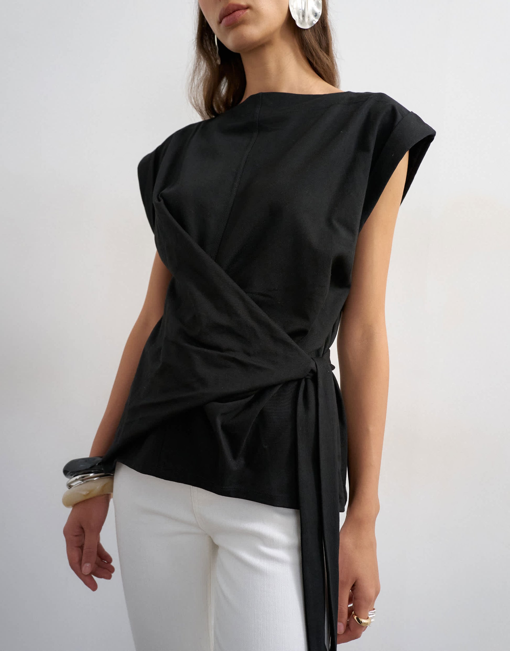 Topshop wrap detail cap sleeve top in black