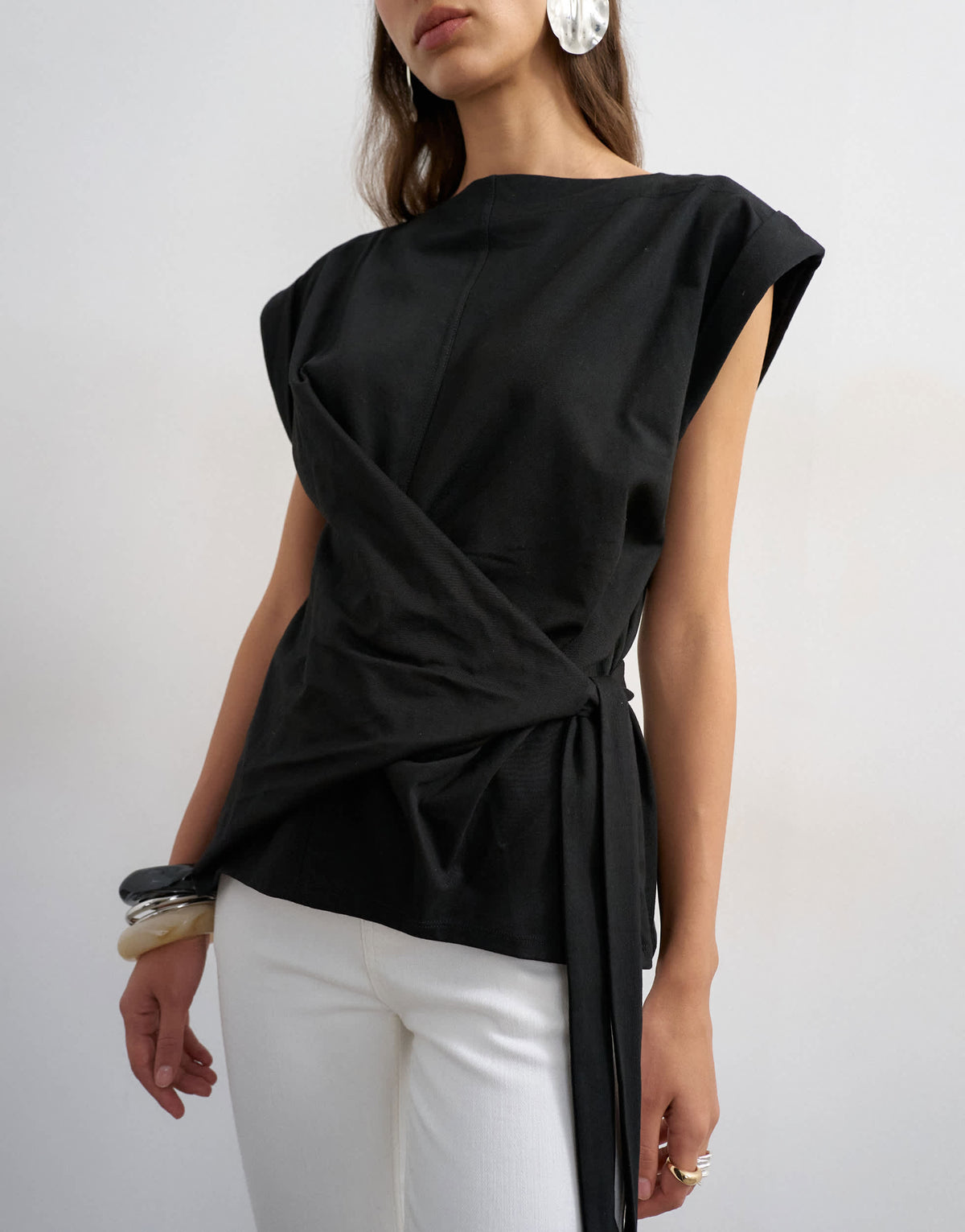 Topshop wrap detail cap sleeve top in black