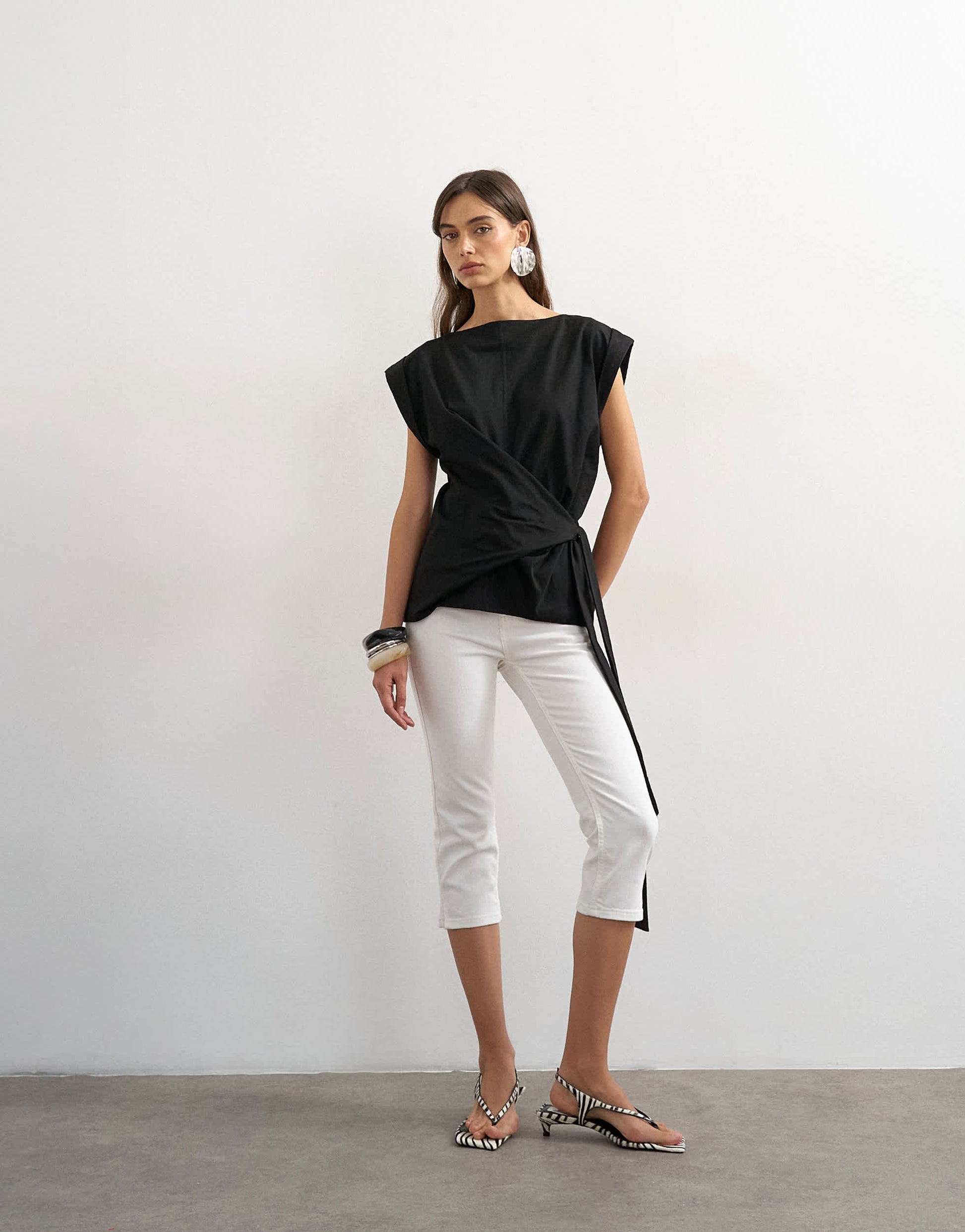 Topshop wrap detail cap sleeve top in black
