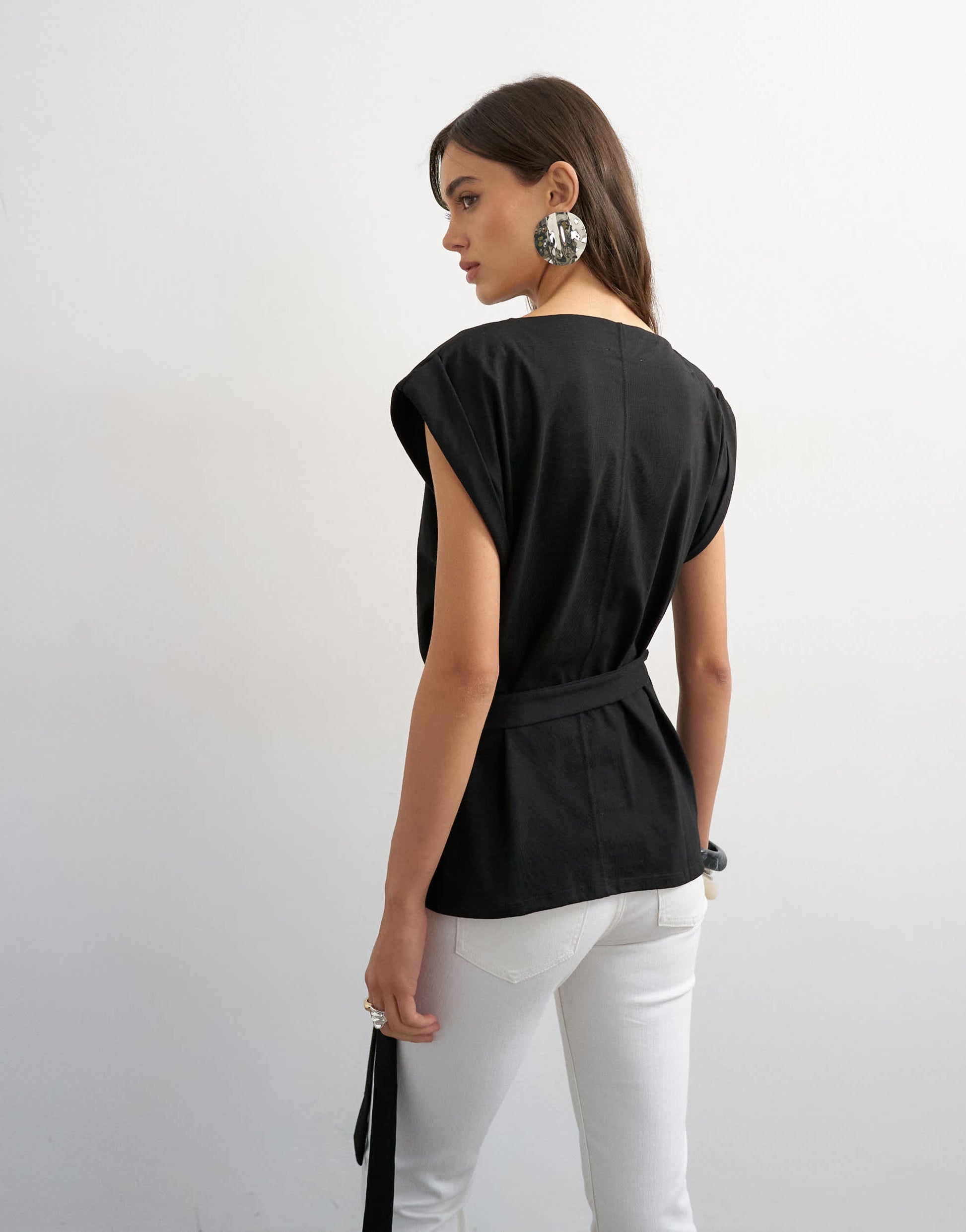 Topshop wrap detail cap sleeve top in black