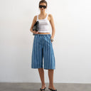 Topshop denim pull on barrel short in blue stripe