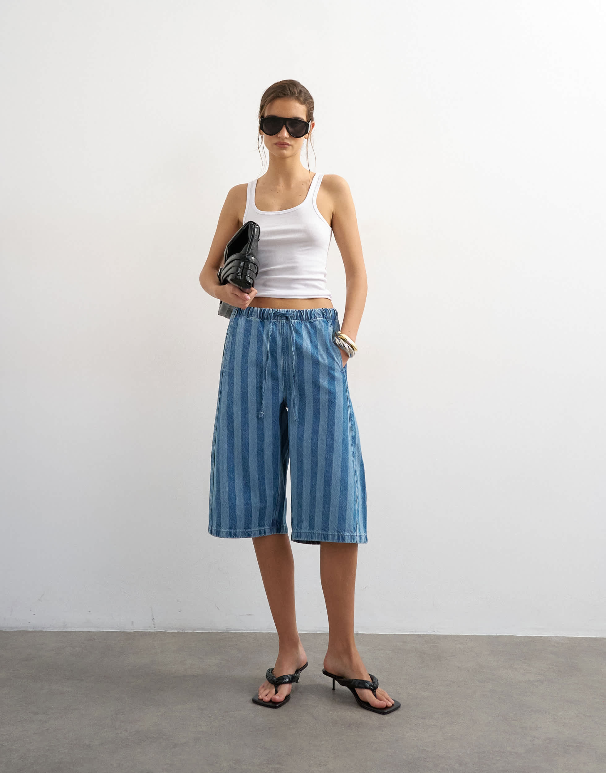 Topshop denim pull on barrel short in blue stripe