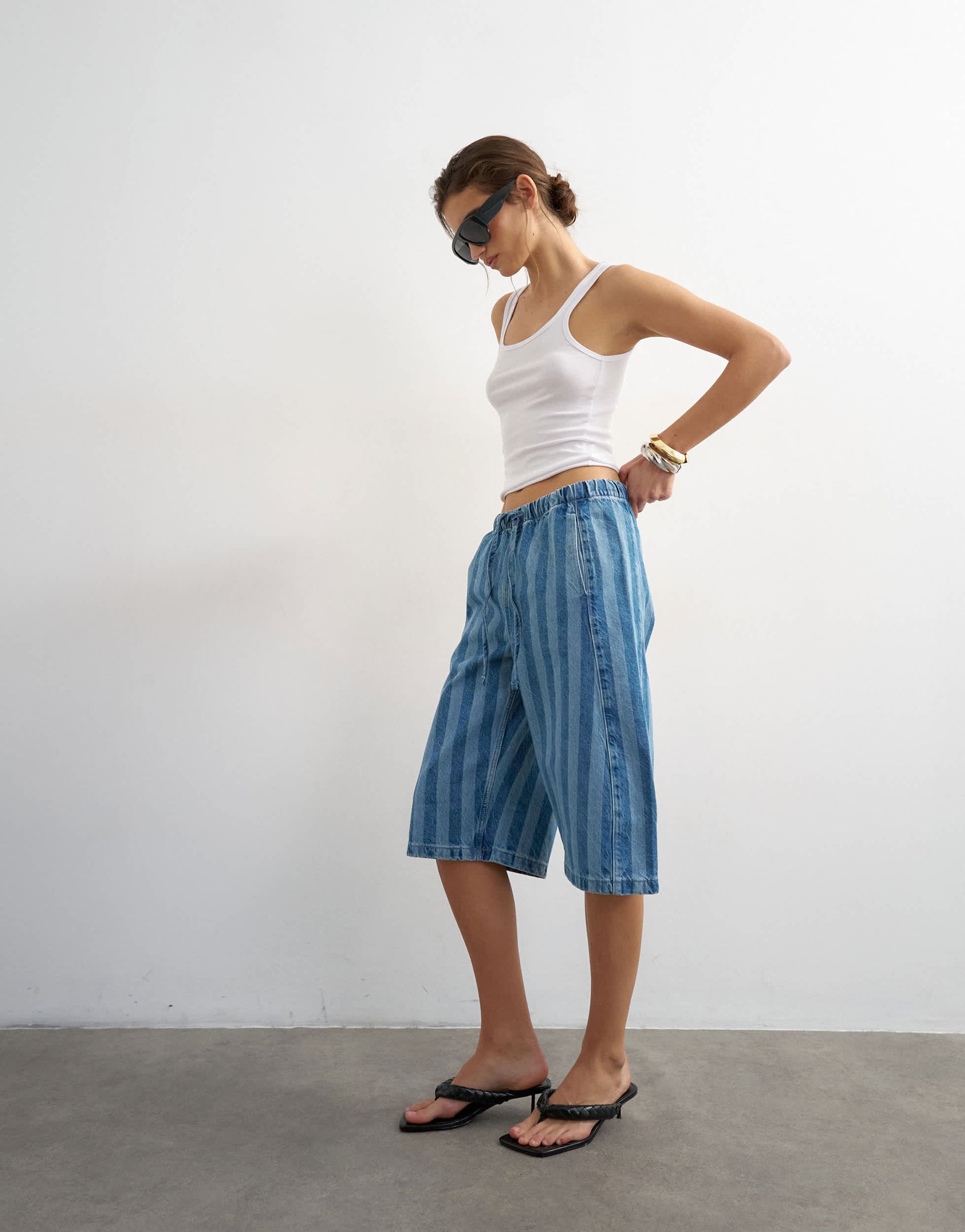 Topshop denim pull on barrel short in blue stripe