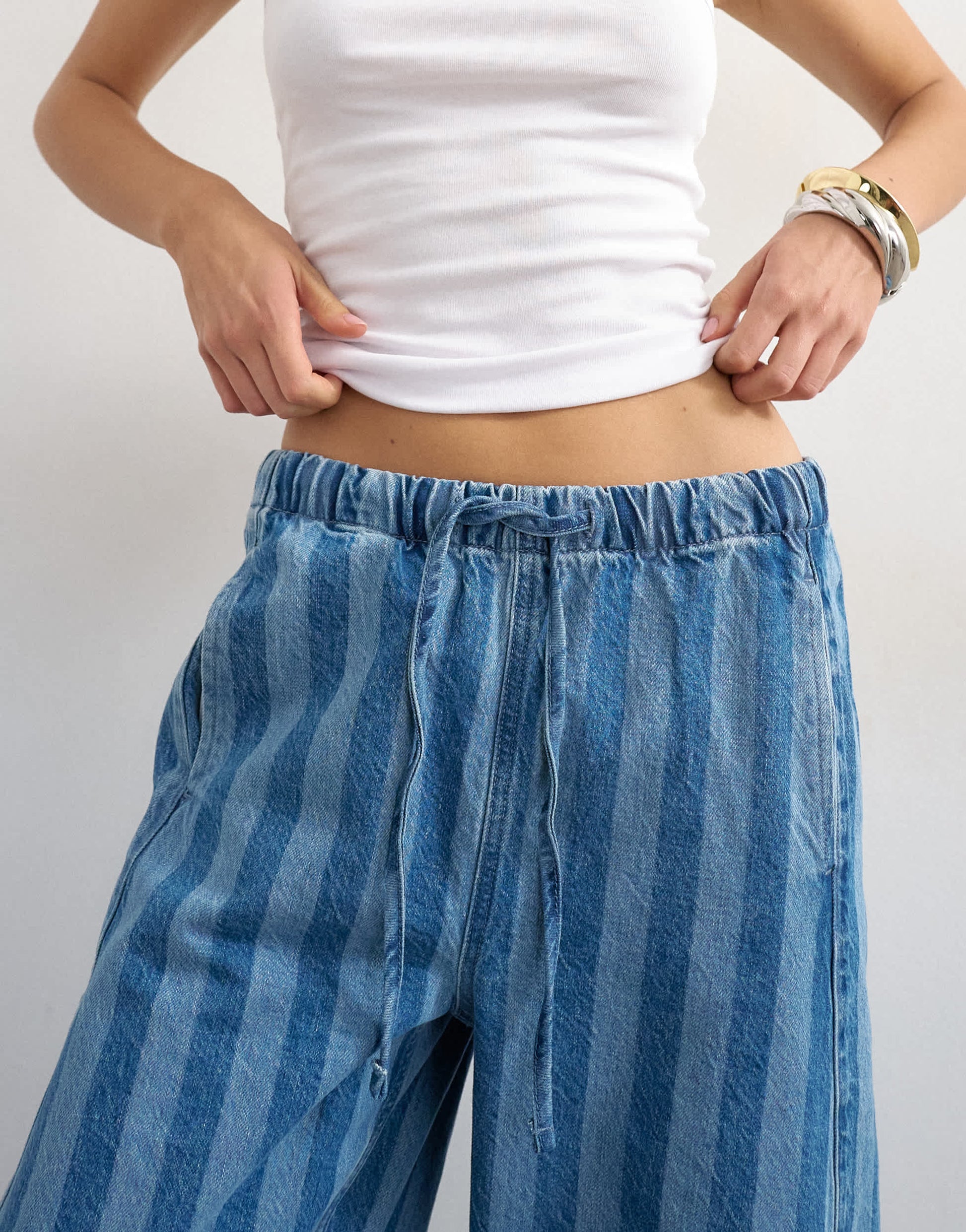 Topshop denim pull on barrel short in blue stripe