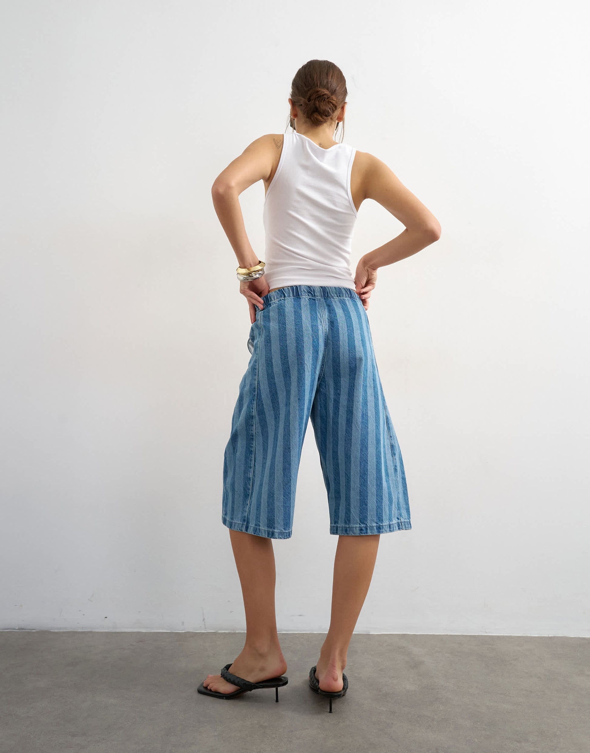 Topshop denim pull on barrel short in blue stripe