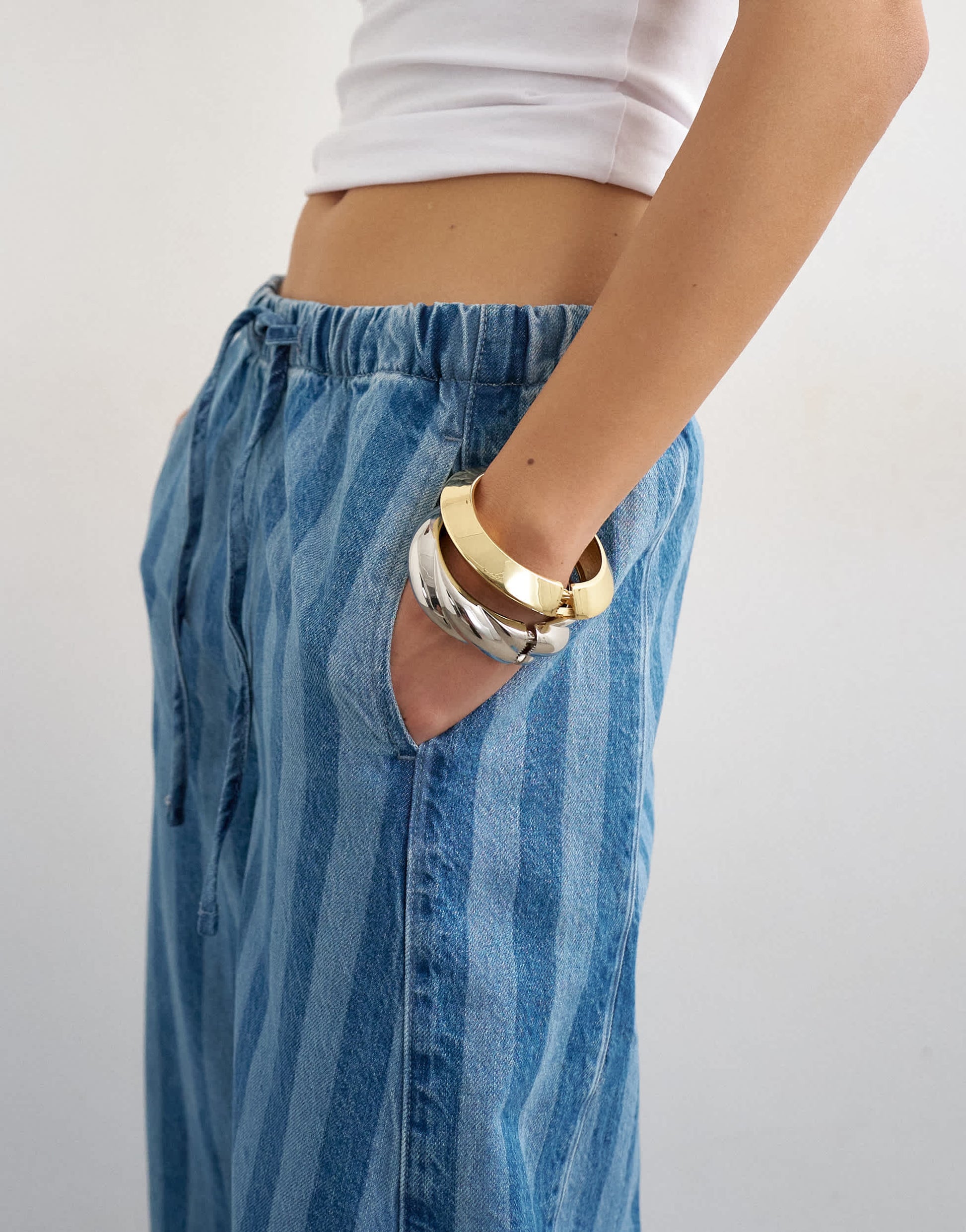 Topshop denim pull on barrel short in blue stripe