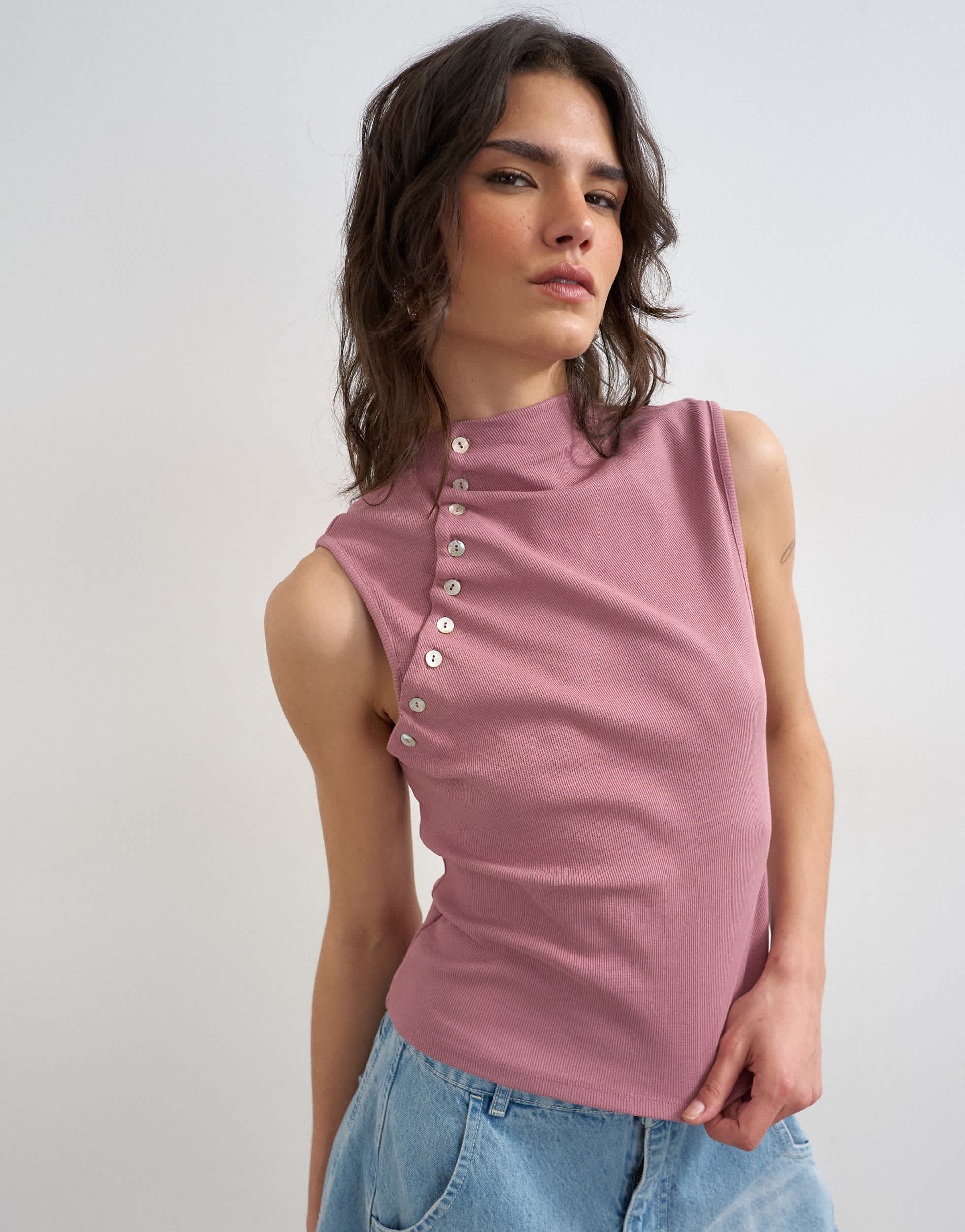 Topshop asymmetric button detail sleeveless in mauve