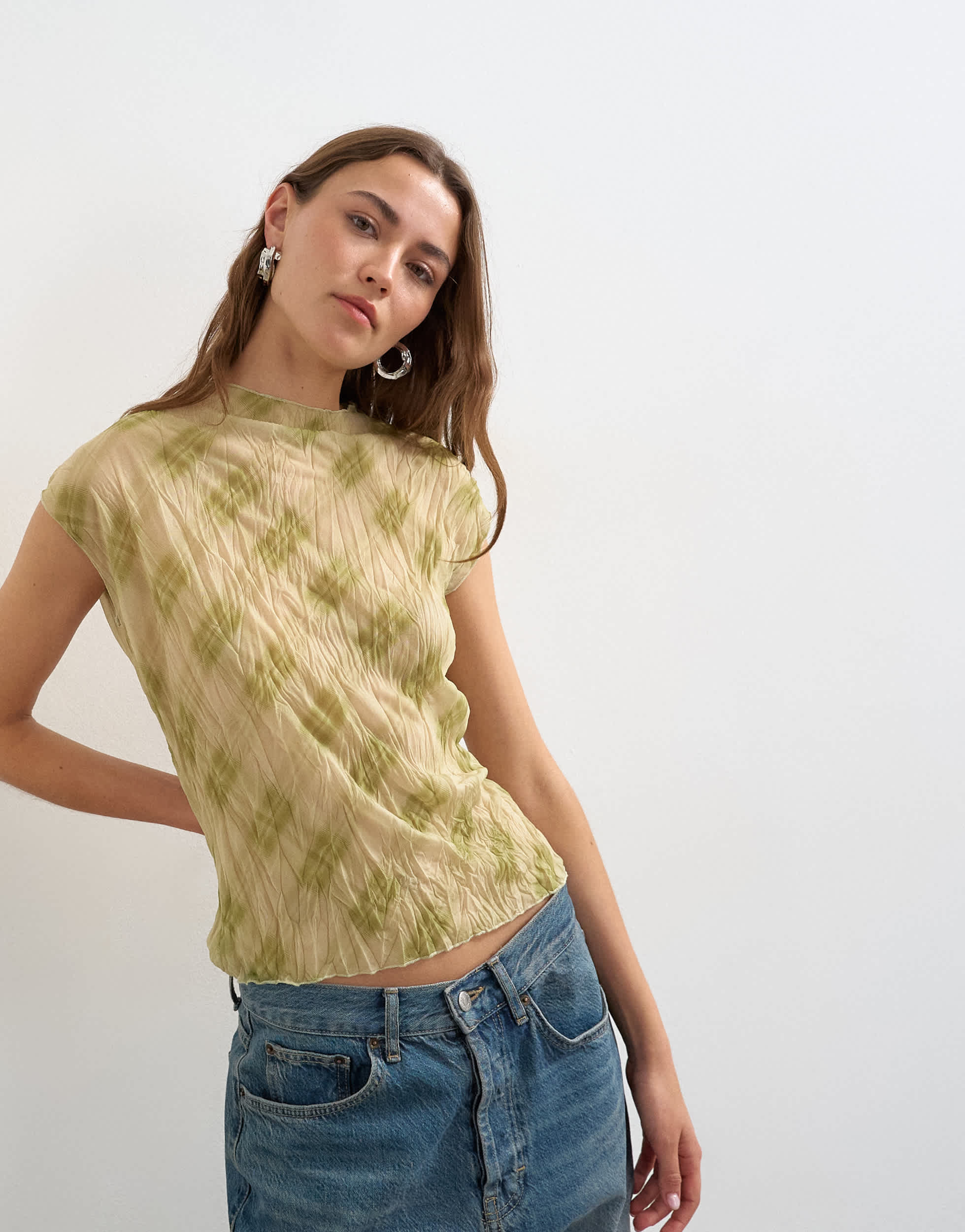 Topshop mesh crinkle fitted tee in check print