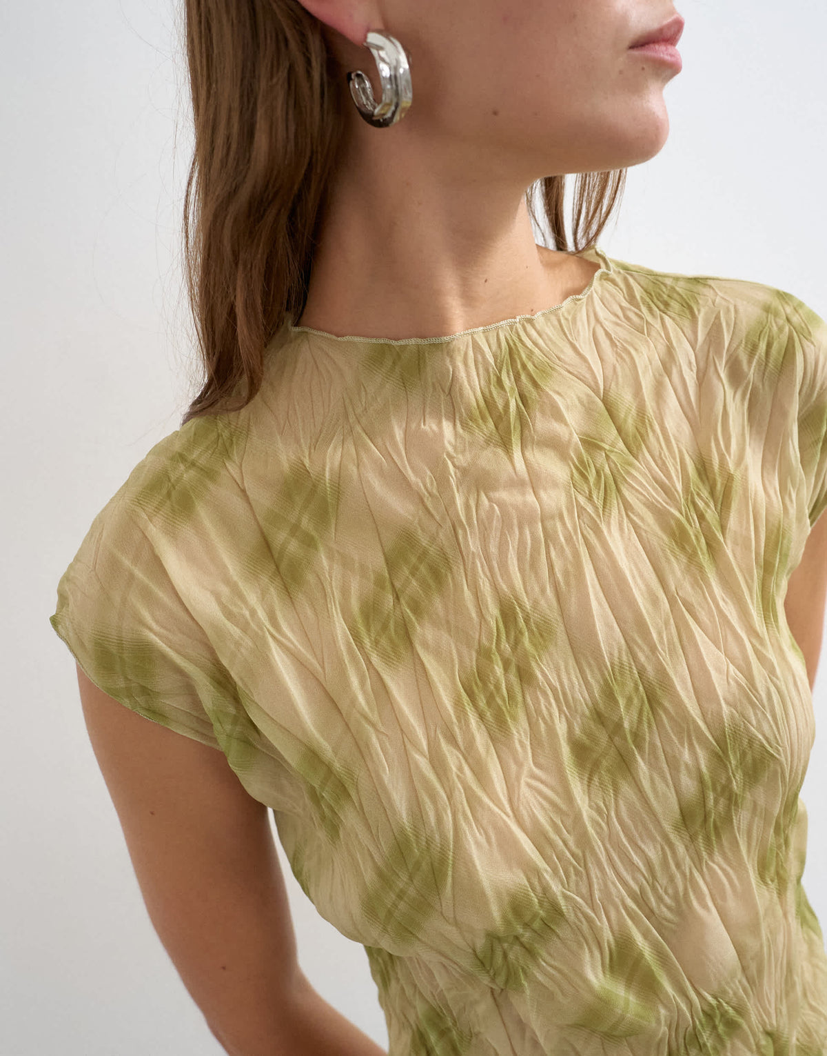 Topshop mesh crinkle fitted tee in check print