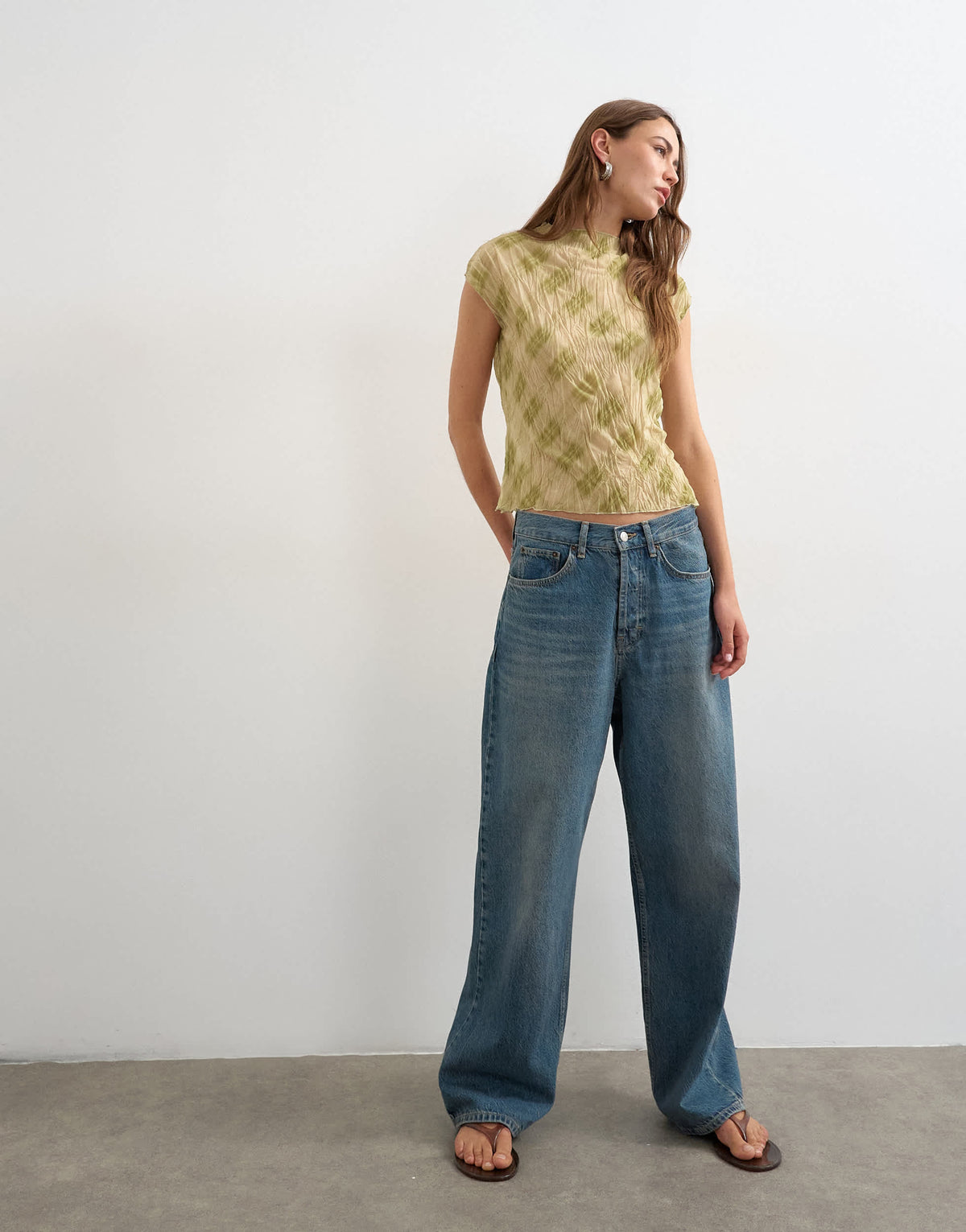 Topshop mesh crinkle fitted tee in check print