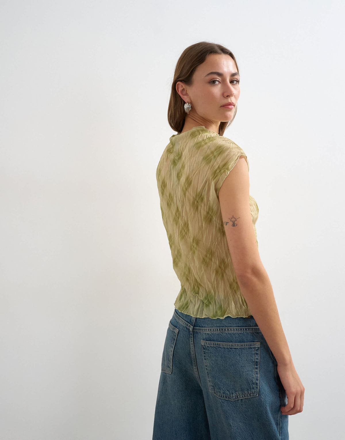 Topshop mesh crinkle fitted tee in check print