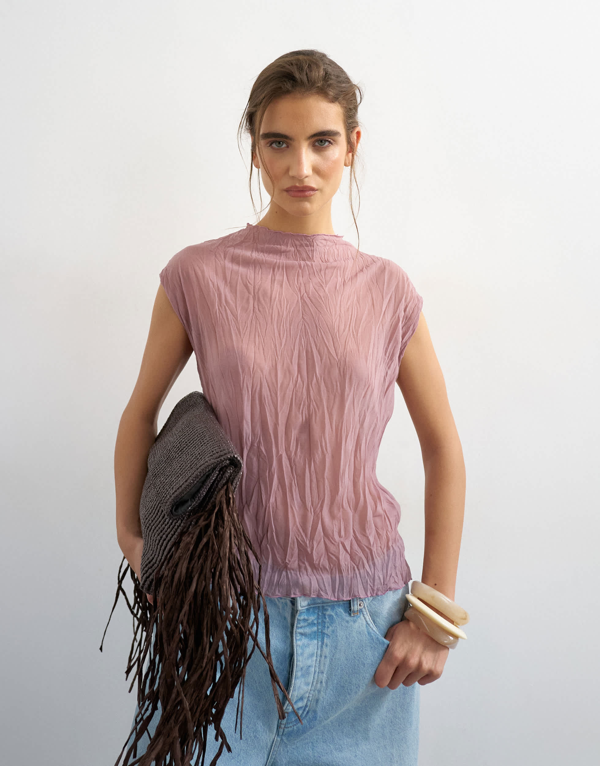 Topshop mesh crinkle fitted tee co-ord in pale mauve