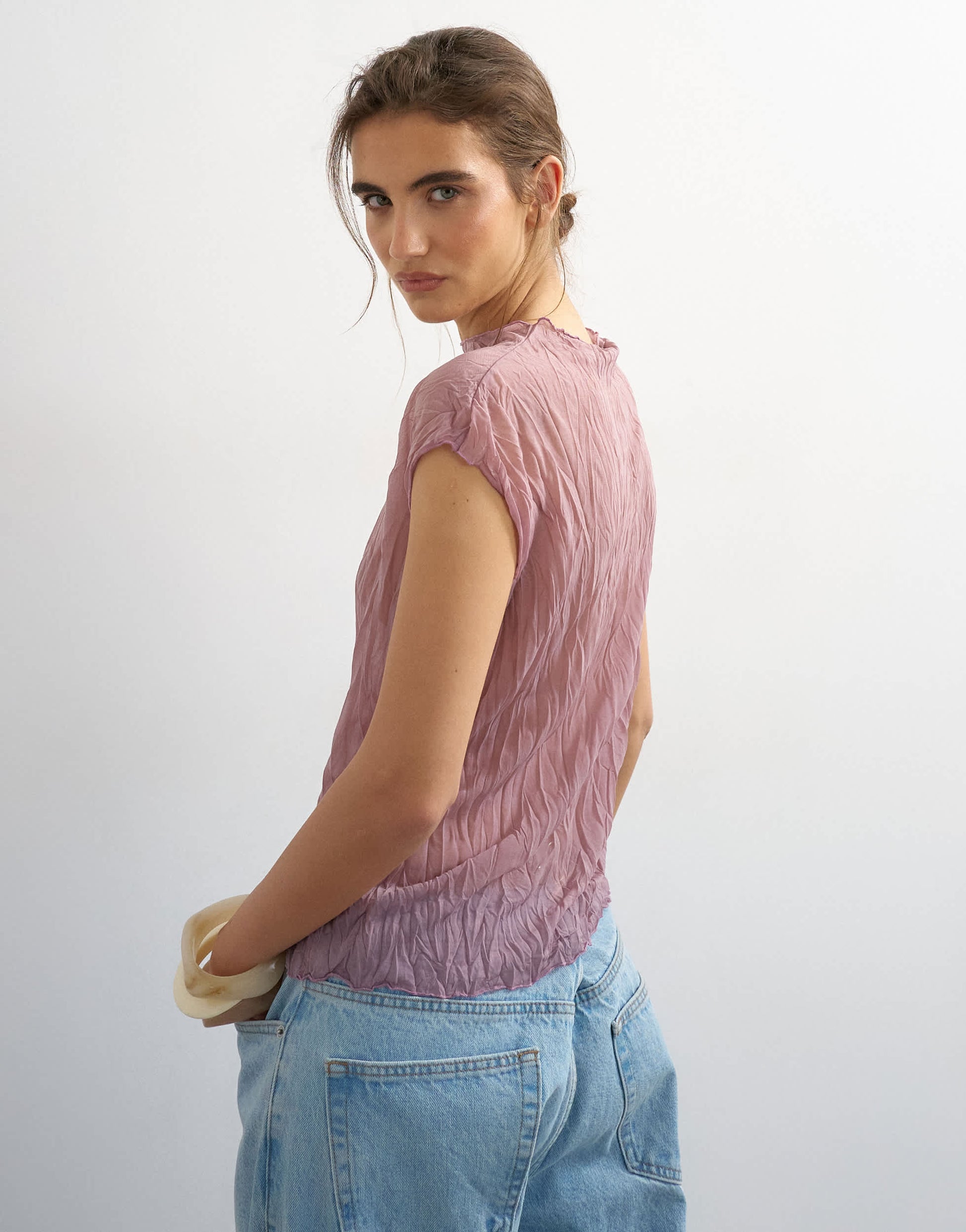 Topshop mesh crinkle fitted tee co-ord in pale mauve