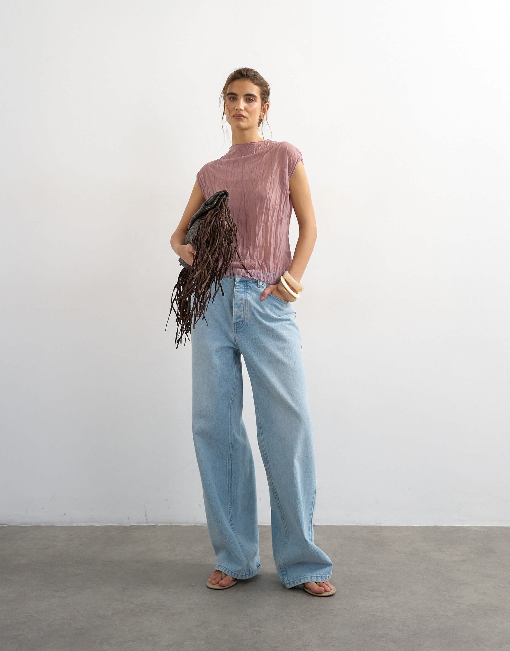 Topshop mesh crinkle fitted tee co-ord in pale mauve