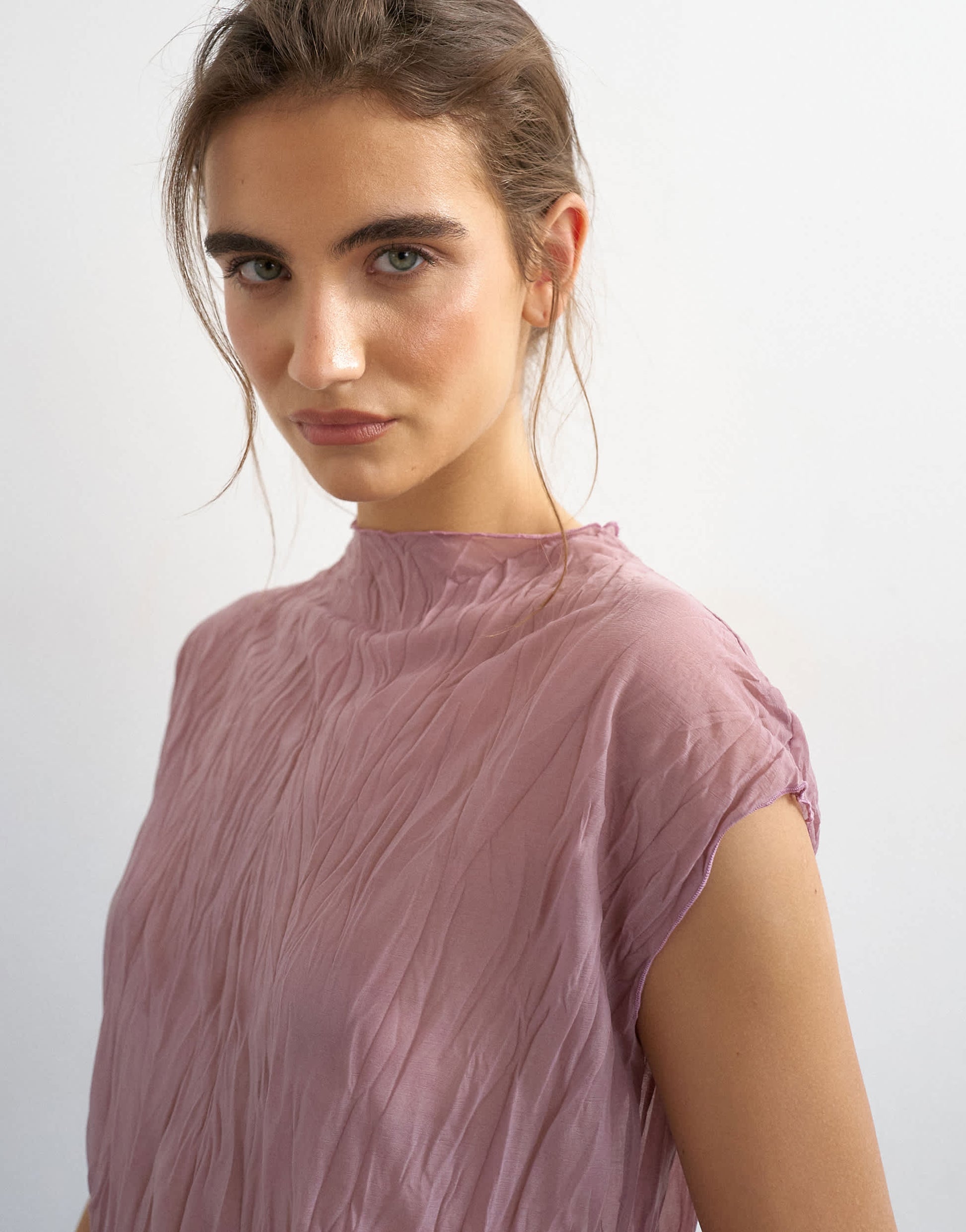 Topshop mesh crinkle fitted tee co-ord in pale mauve