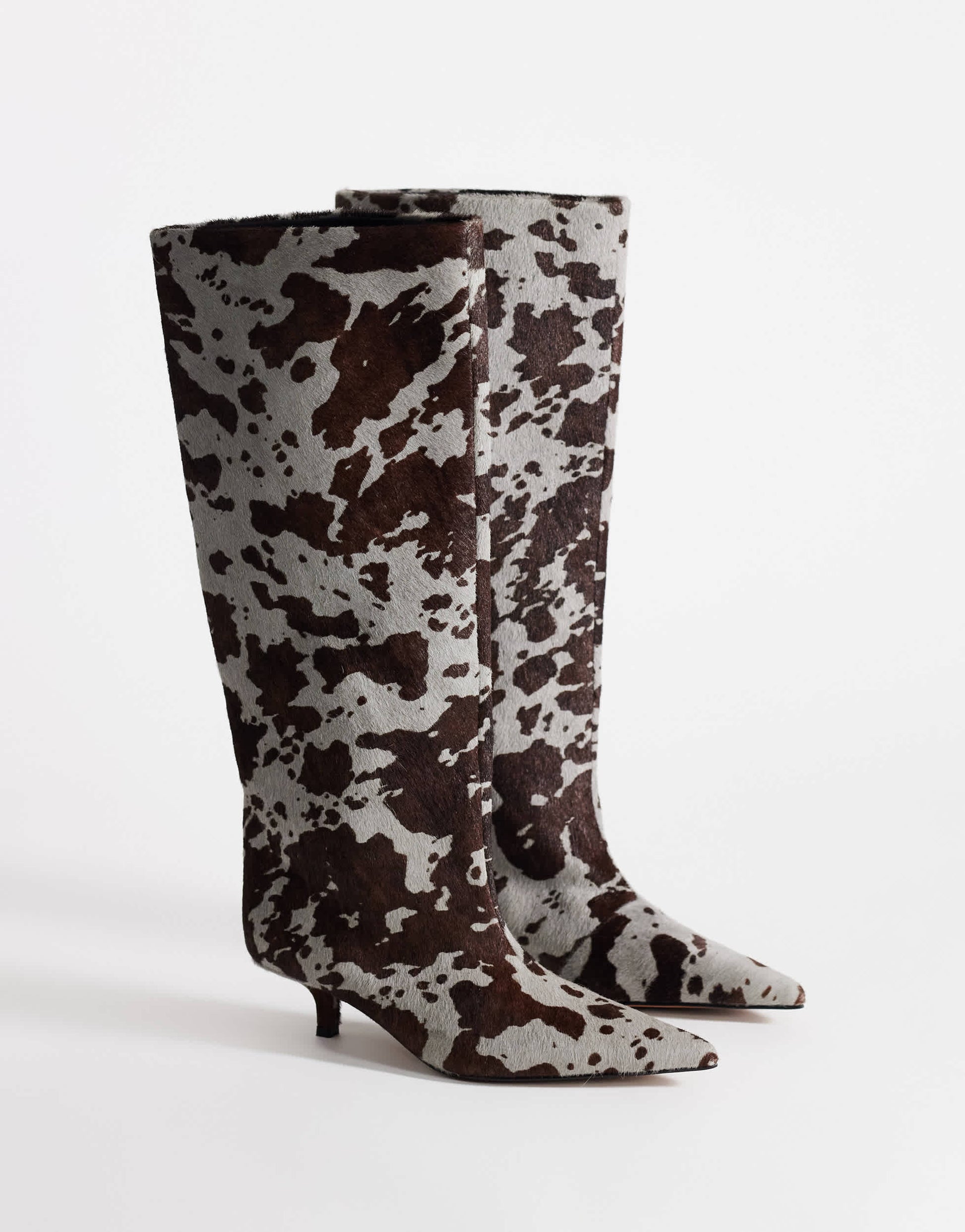 Topshop Tina hair on real leather kitten heel knee boot in grey leopard