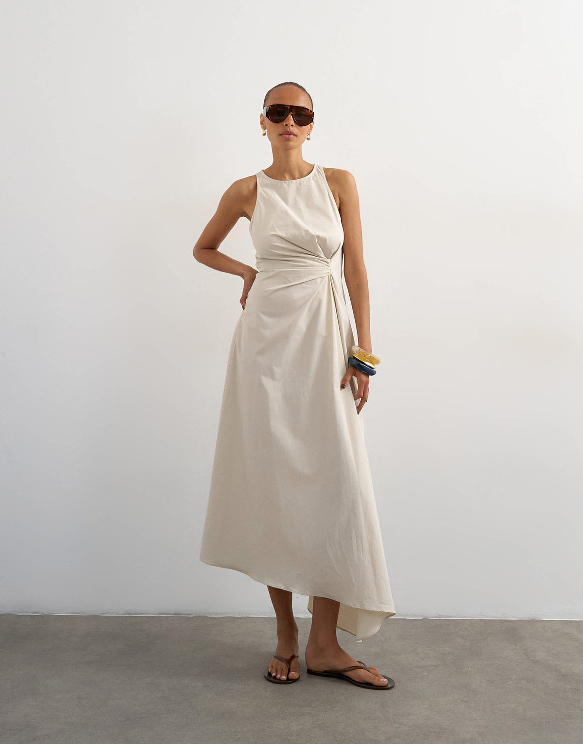 Topshop cotton poplin tuck side racer neck maxi dress in stone
