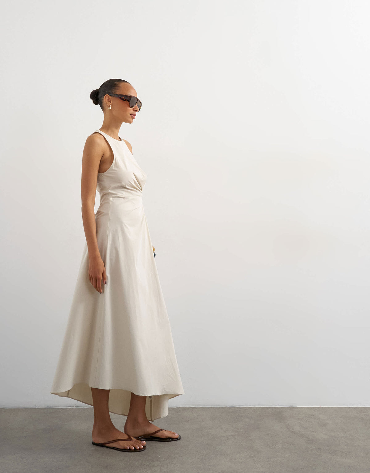 Topshop cotton poplin tuck side racer neck maxi dress in stone