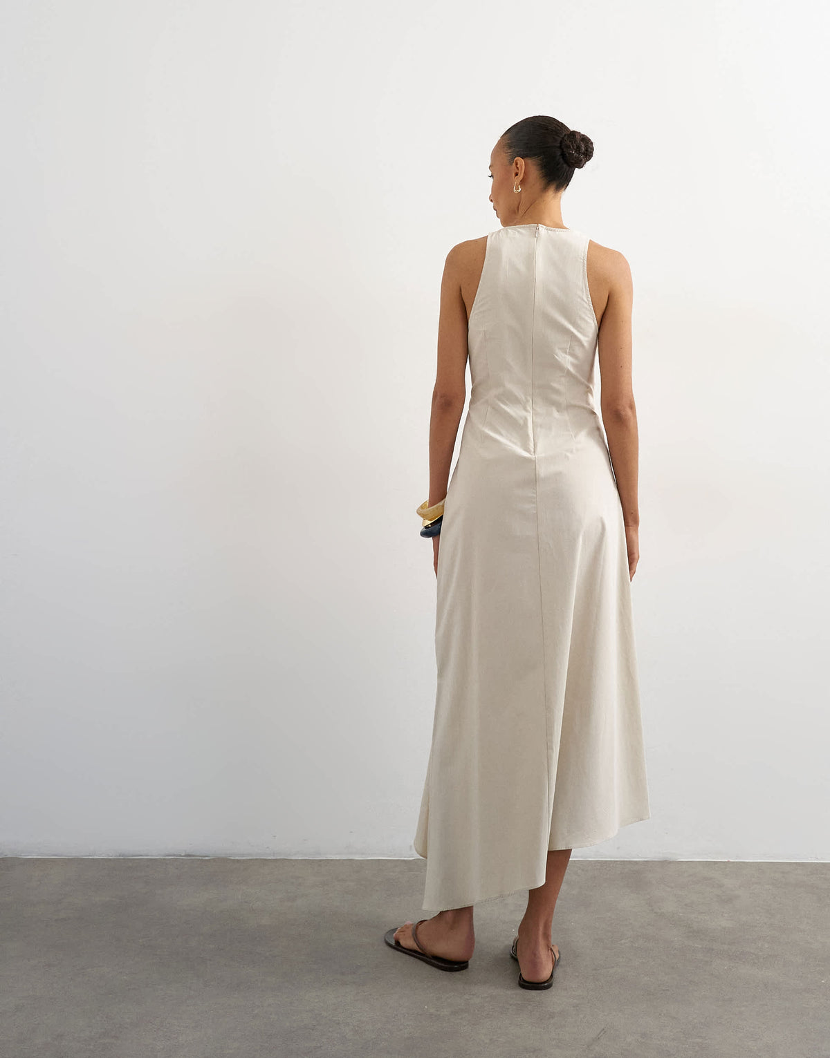 Topshop cotton poplin tuck side racer neck maxi dress in stone
